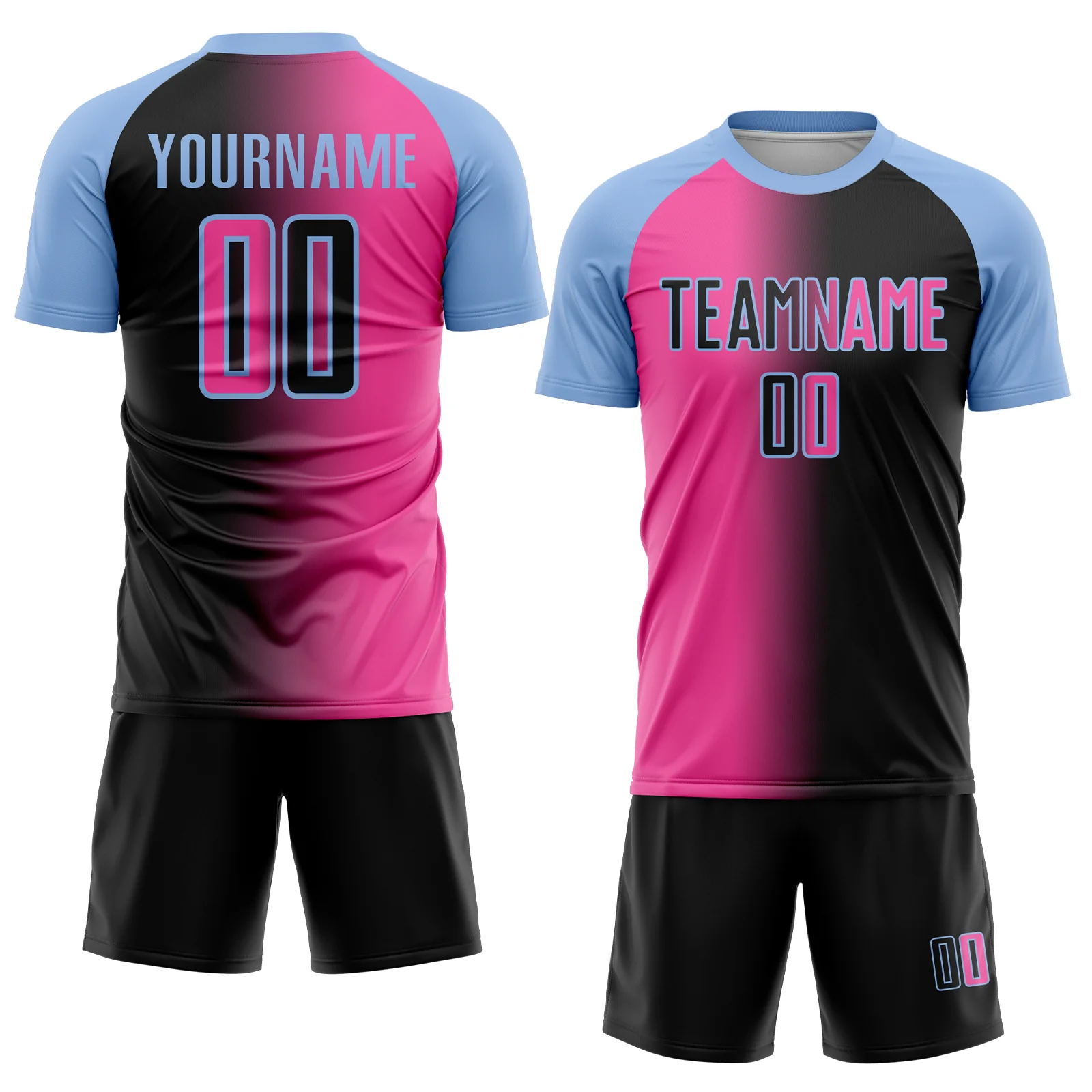 Custom Black Pink-Light Blue Sublimation Gradient Fashion Soccer Uniform Jersey - Image 2