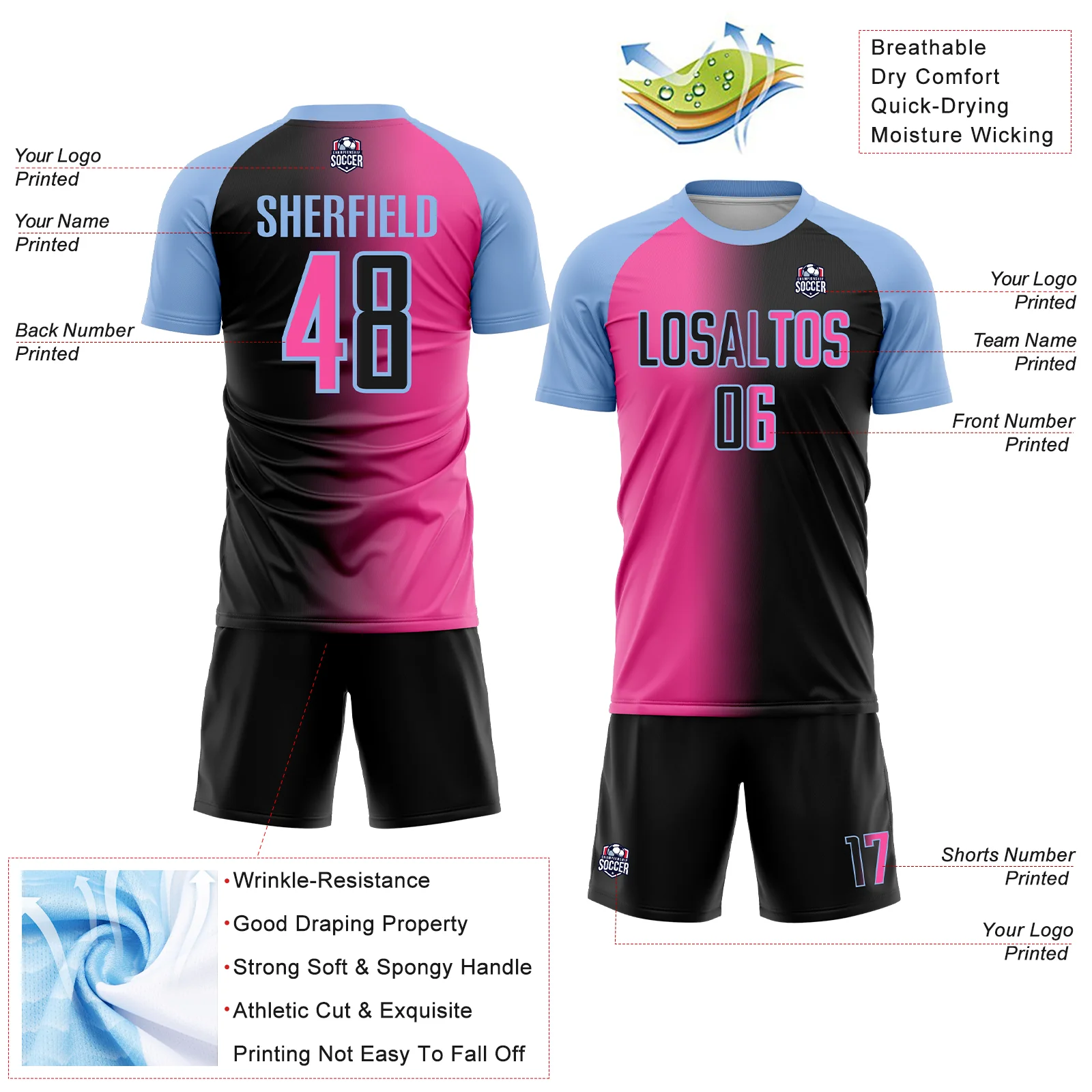 Custom Black Pink-Light Blue Sublimation Gradient Fashion Soccer Uniform Jersey - Image 4