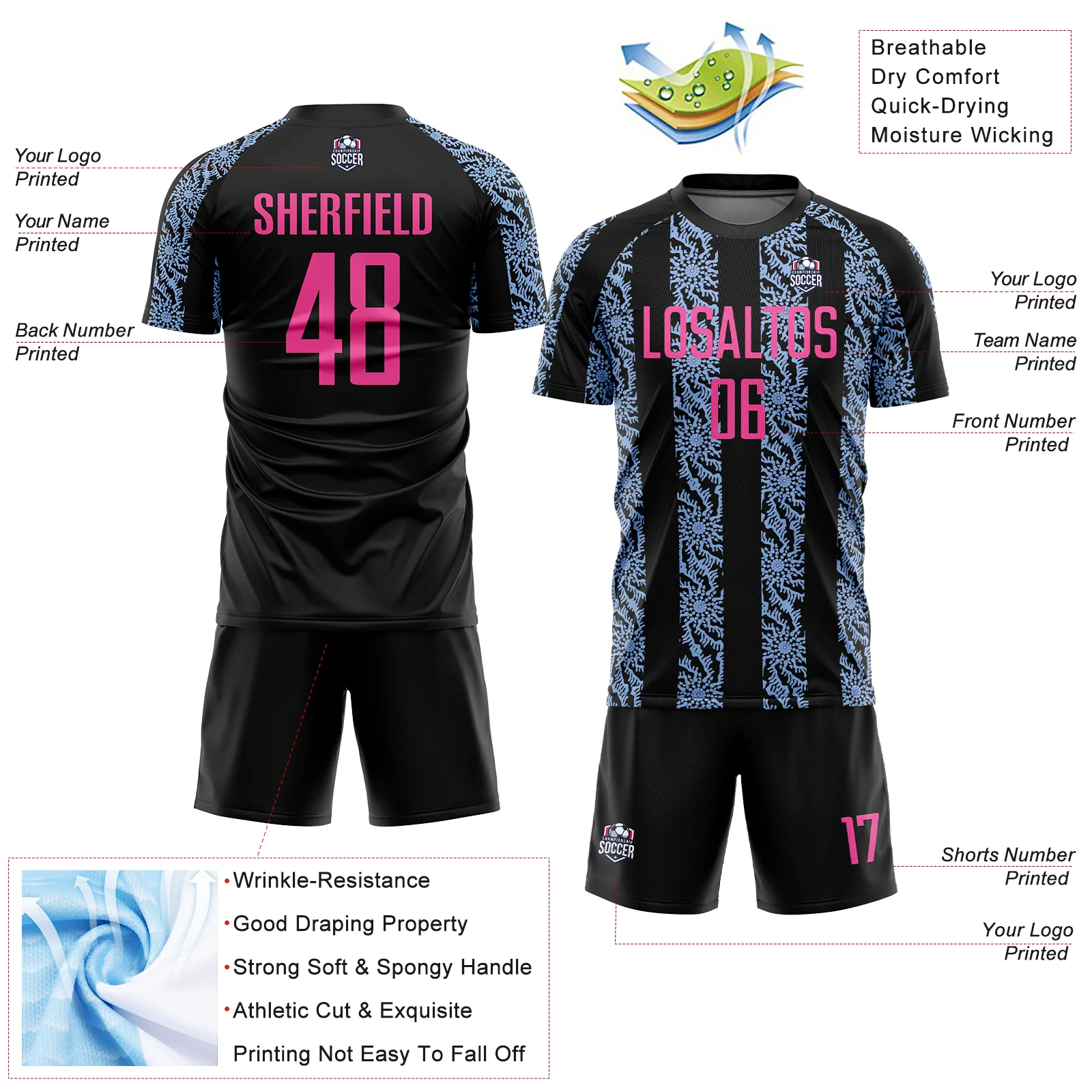 Custom Black Pink-Light Blue Abstract Shape Sublimation Soccer Uniform Jersey - Image 4
