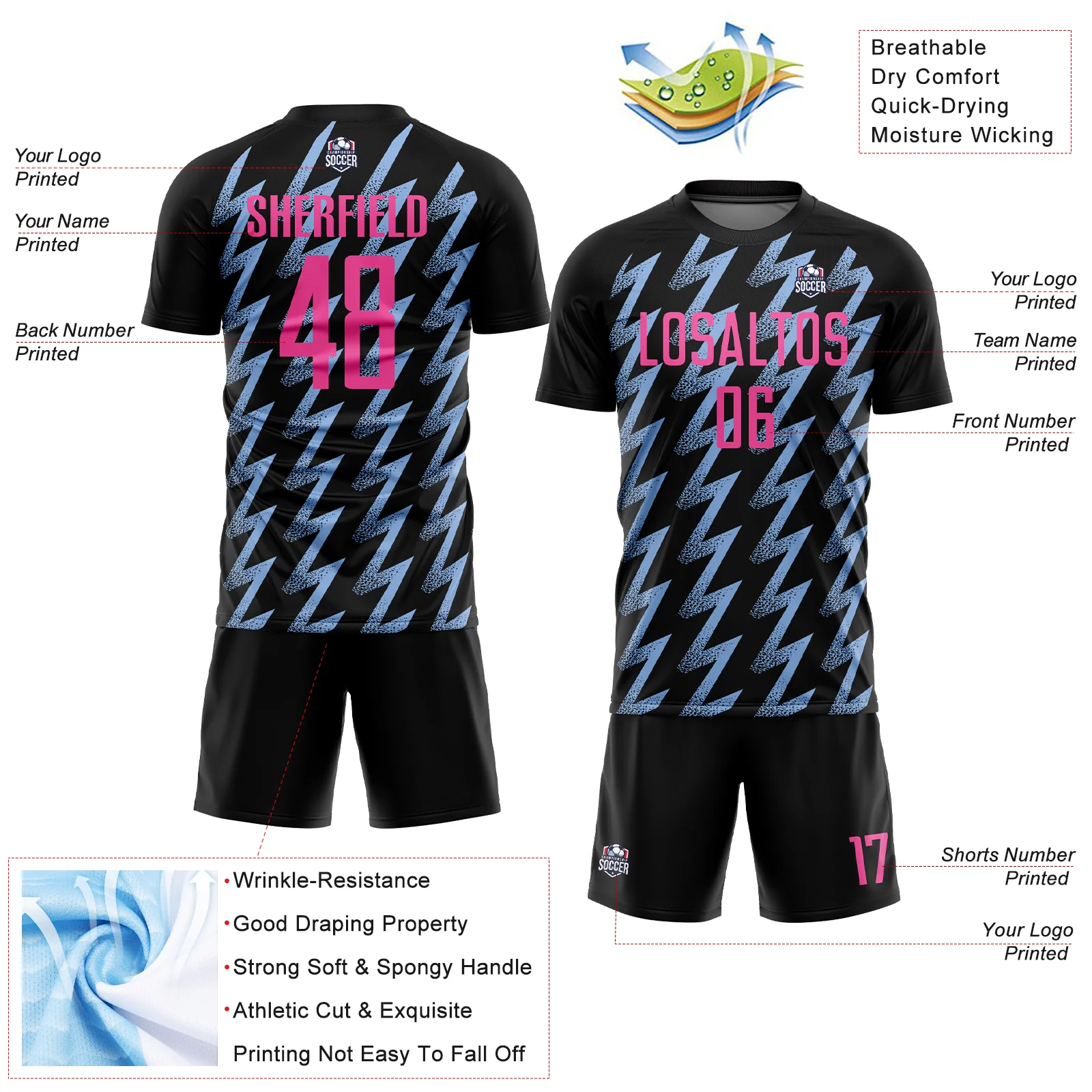 Custom Black Pink-Light Blue Zigzag Shape Sublimation Soccer Uniform Jersey - Image 4