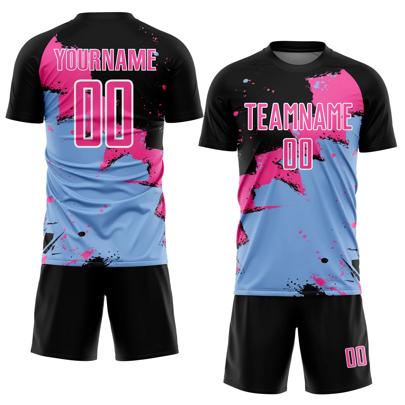 Custom Black Pink-Light Blue Spalsh Sublimation Soccer Uniform Jersey - Image 2