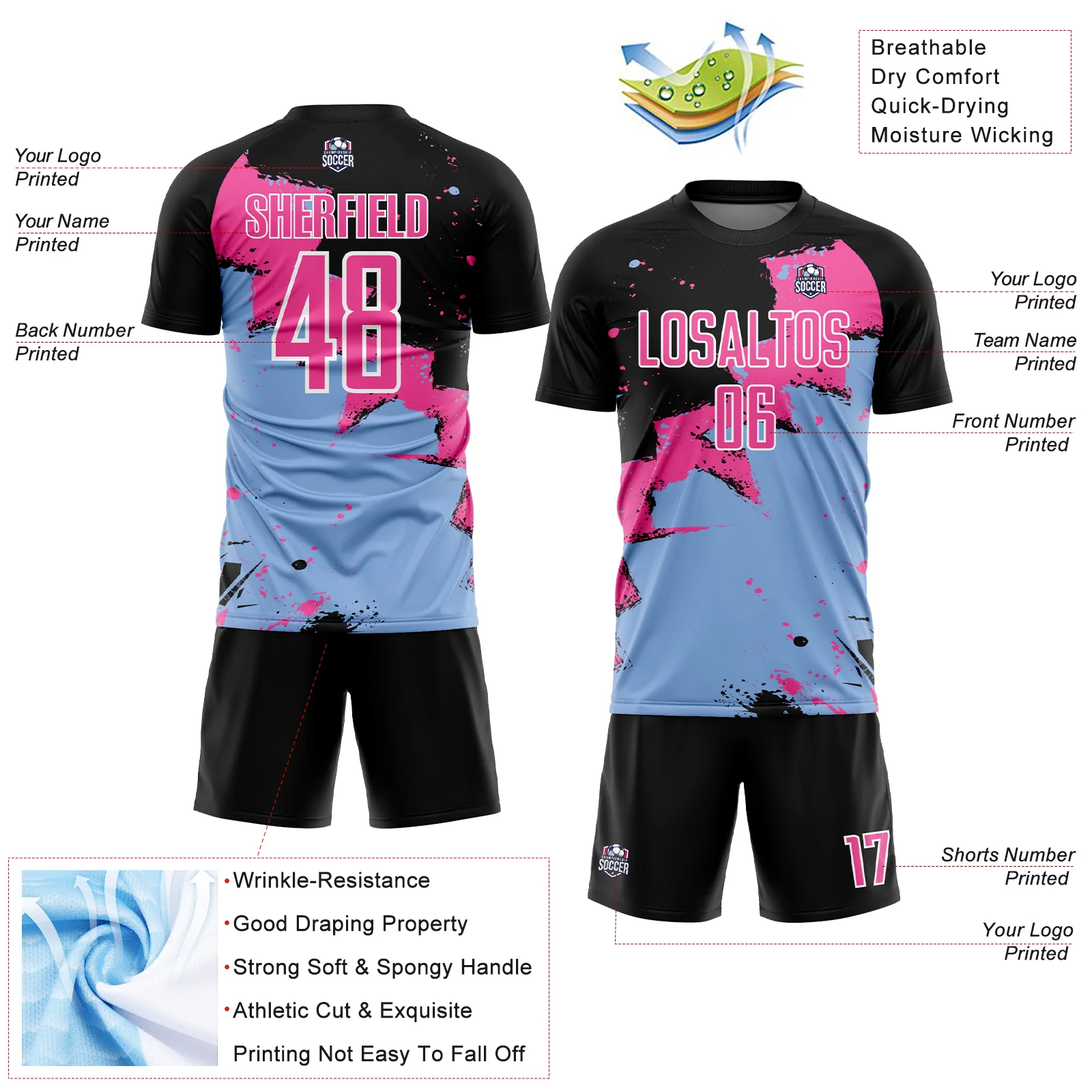 Custom Black Pink-Light Blue Spalsh Sublimation Soccer Uniform Jersey - Image 4