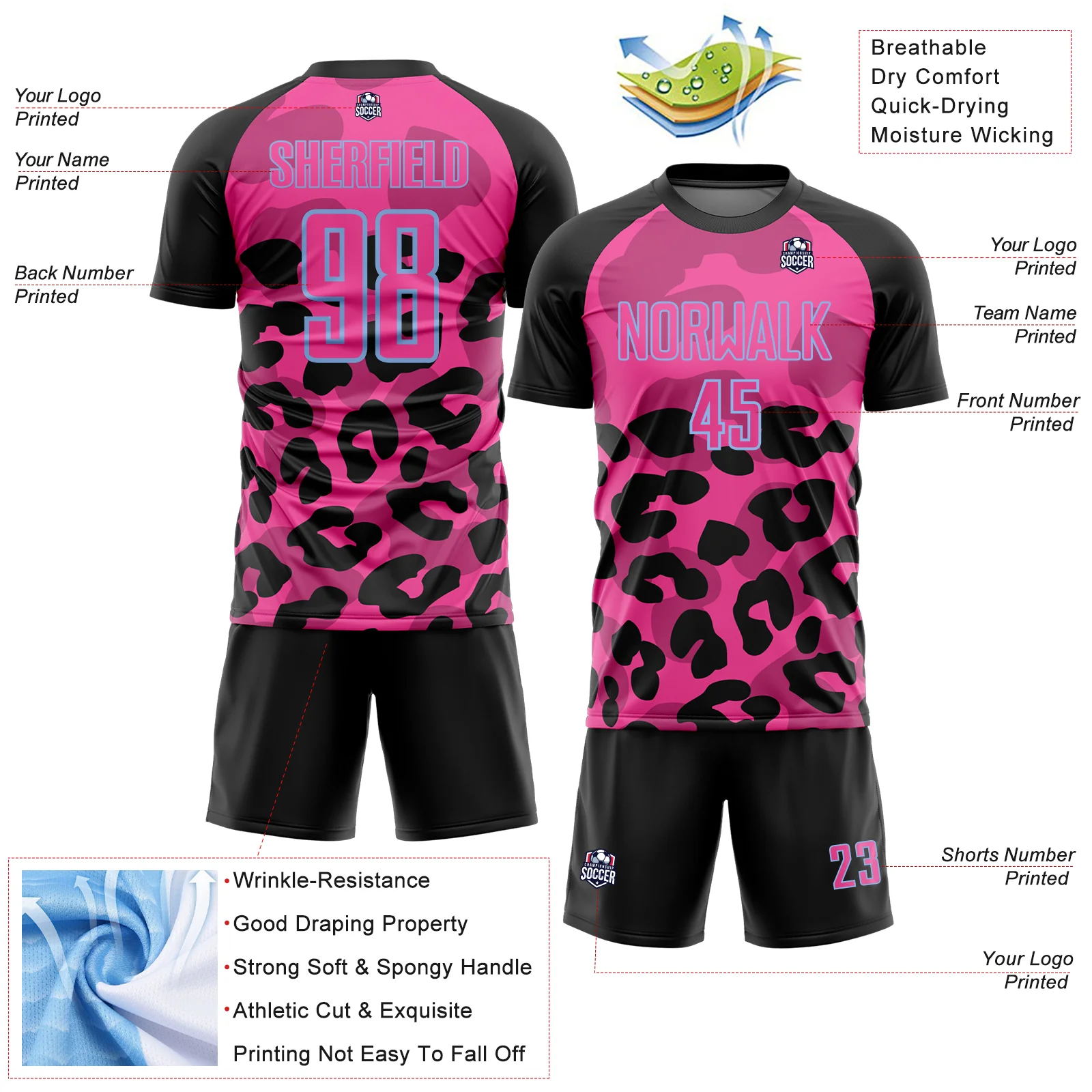 Custom Black Pink-Light Blue Animal Leopard Print Sports Sublimation Soccer Uniform Jersey - Image 4