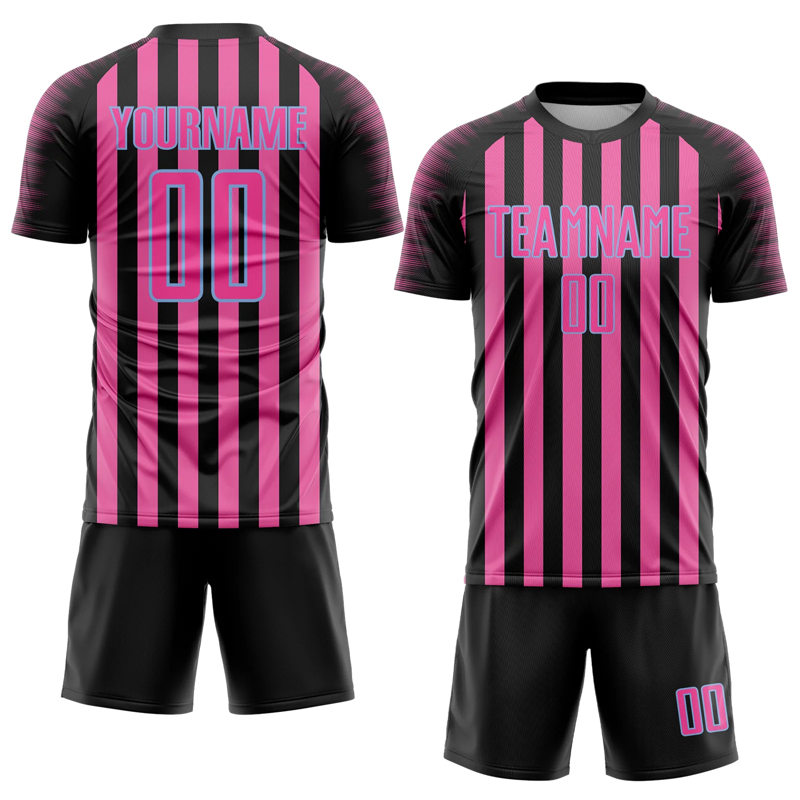 Custom Black Pink-Light Blue Stripe Sports Sublimation Soccer Uniform Jersey - Image 2