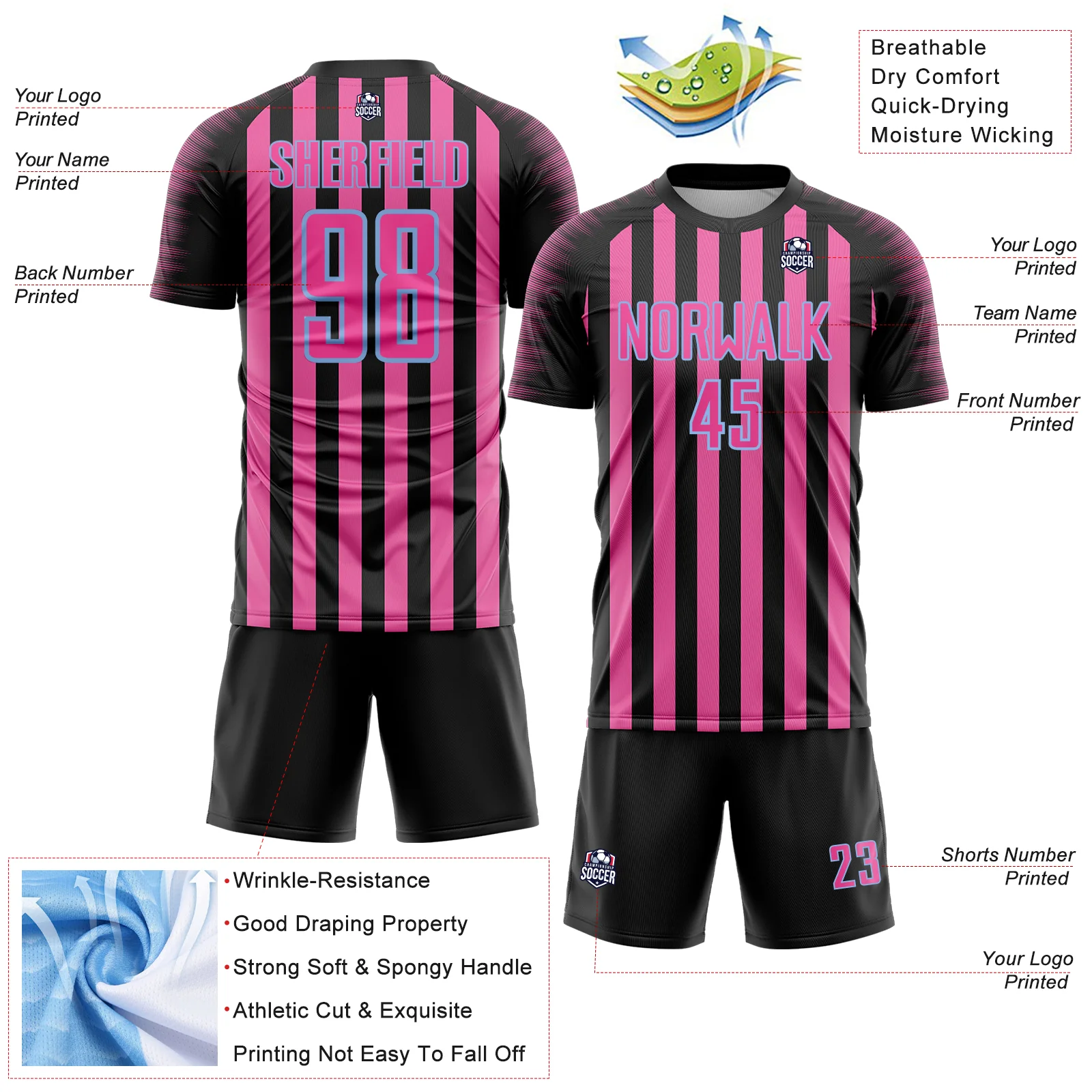 Custom Black Pink-Light Blue Stripe Sports Sublimation Soccer Uniform Jersey - Image 4