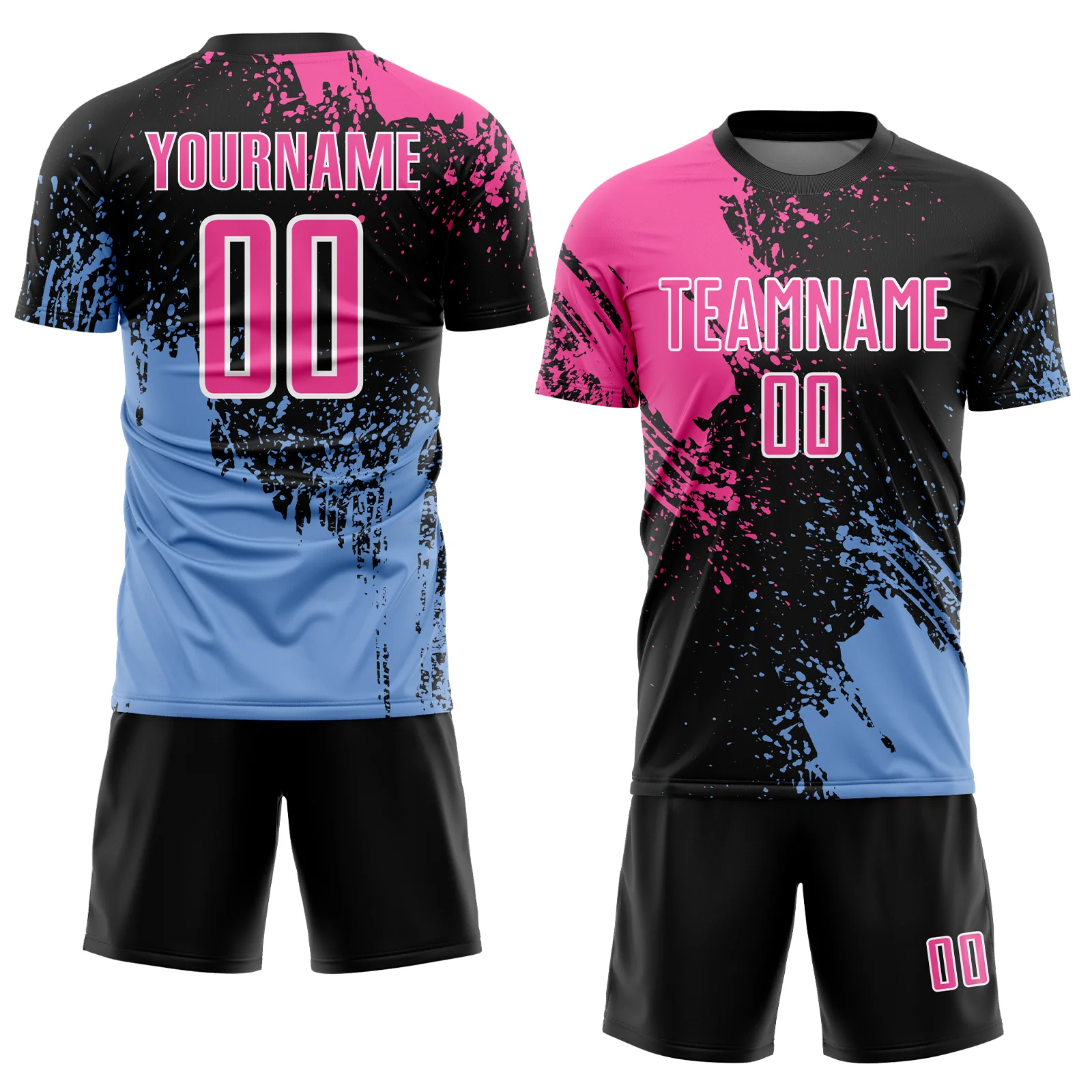 Custom Black Pink Light Blue-White Abstract Brush Stroke Sports Sublimation Soccer Uniform Jersey - Image 2
