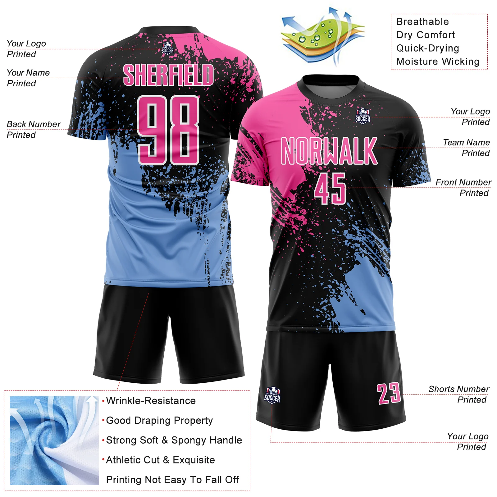Custom Black Pink Light Blue-White Abstract Brush Stroke Sports Sublimation Soccer Uniform Jersey - Image 4