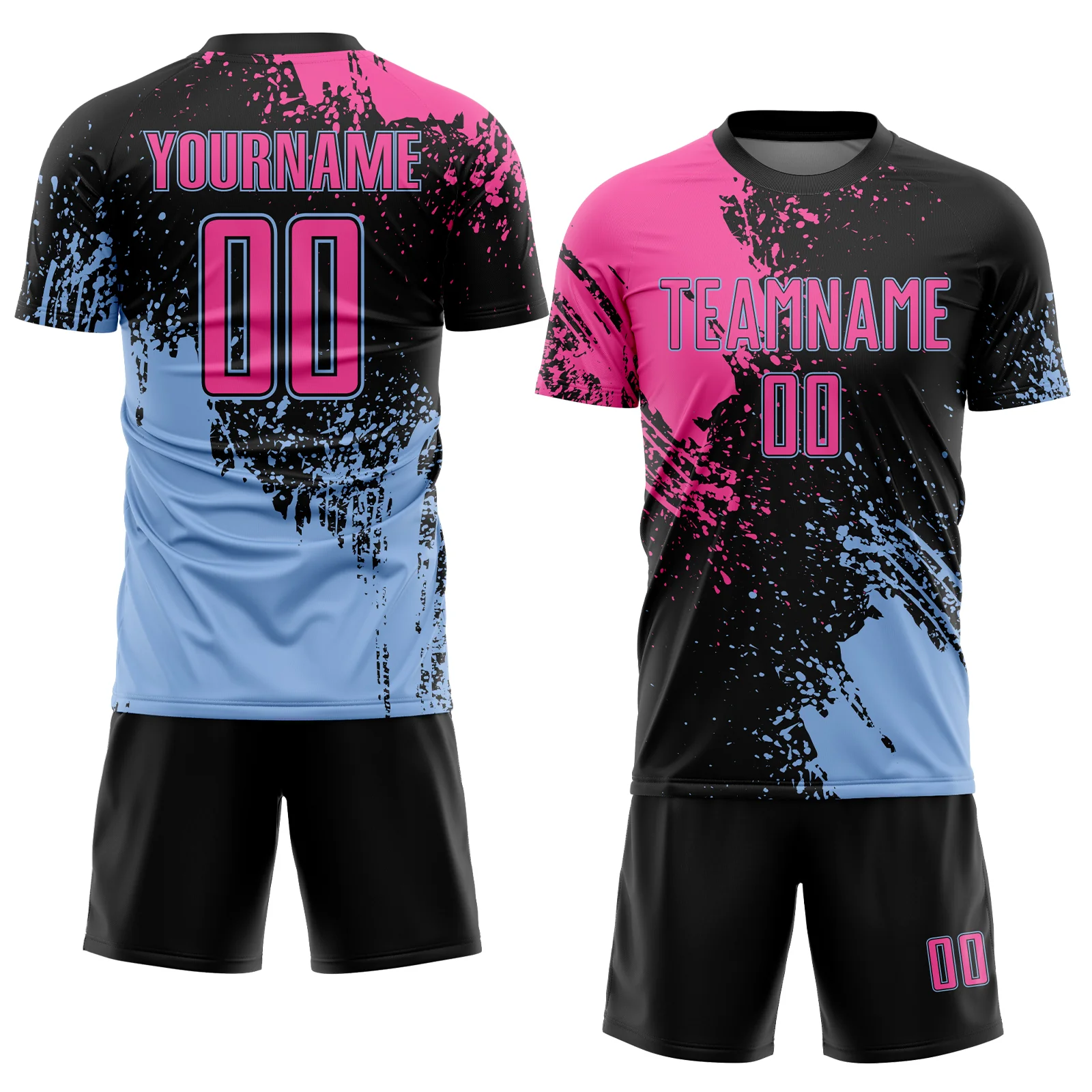 Custom Black Pink-Light Blue Abstract Brush Stroke Sports Sublimation Soccer Uniform Jersey - Image 2
