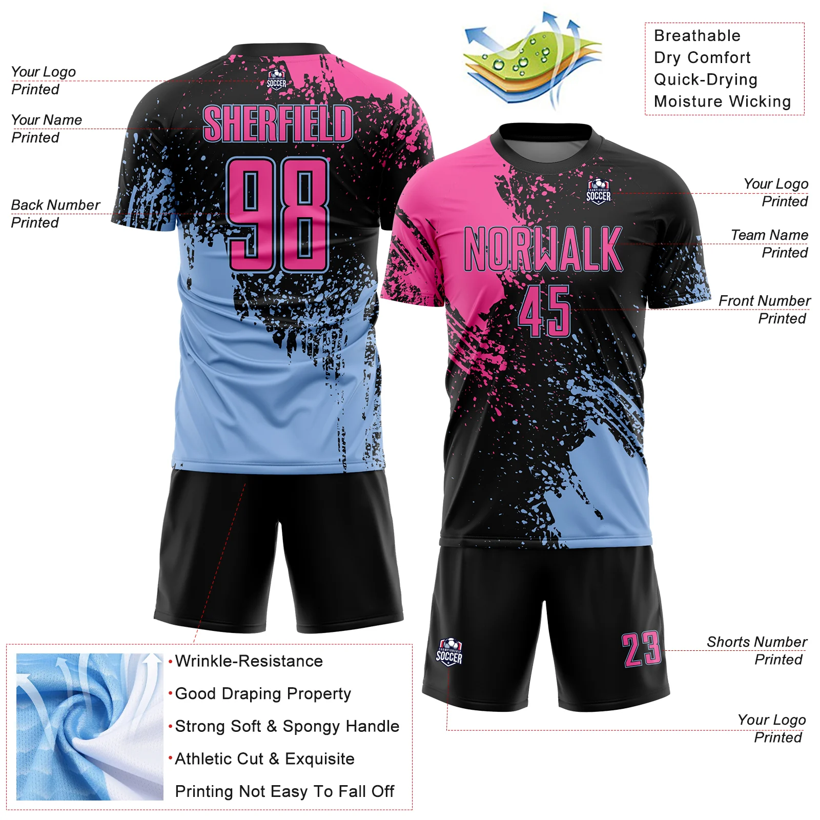 Custom Black Pink-Light Blue Abstract Brush Stroke Sports Sublimation Soccer Uniform Jersey - Image 4