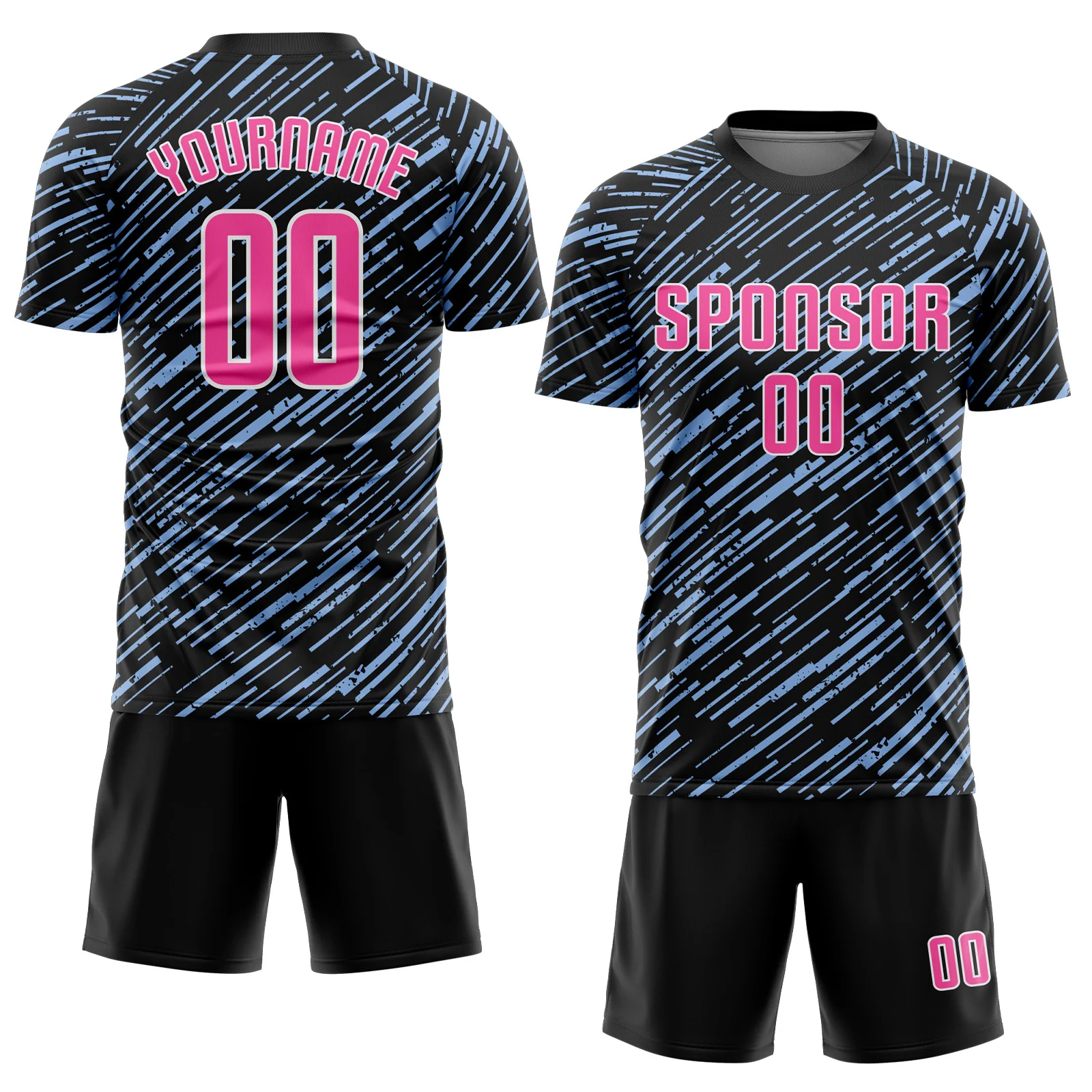 Custom Black Pink Light Blue-White Line Sports Sublimation Soccer Uniform Jersey - Image 2
