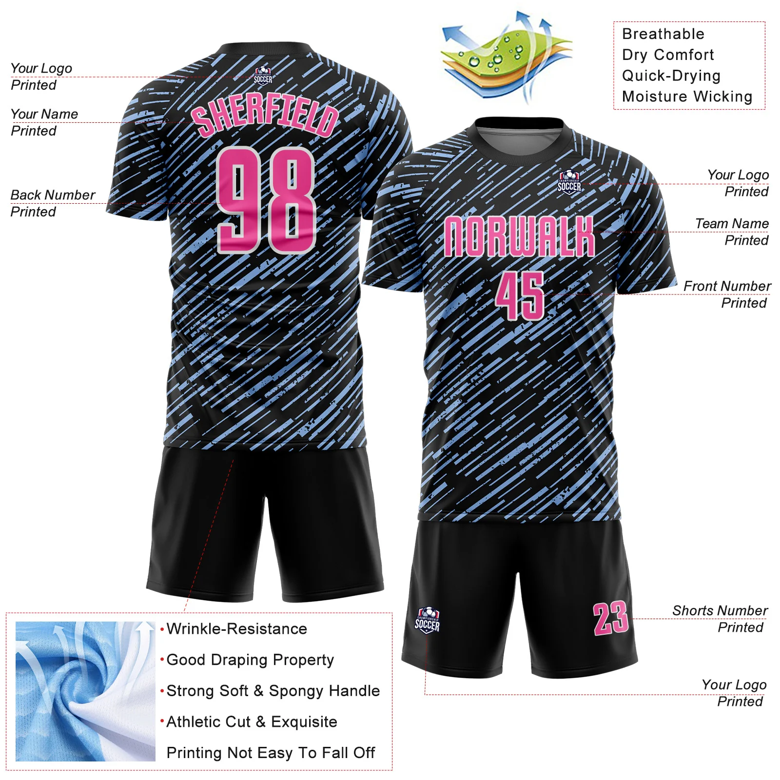 Custom Black Pink Light Blue-White Line Sports Sublimation Soccer Uniform Jersey - Image 4