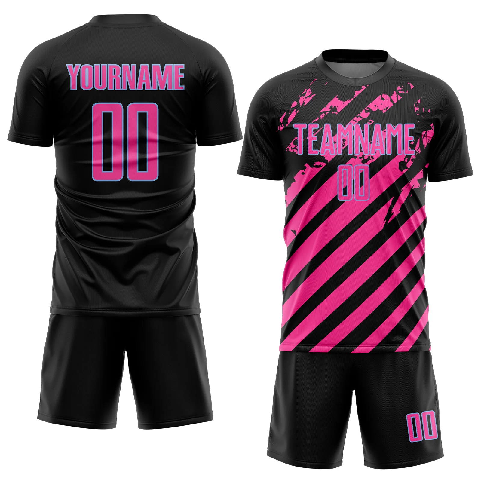 Custom Black Pink-Light Blue Distressed Diagonal Stripe Pattern Sports Sublimation Soccer Uniform Jersey - Image 2