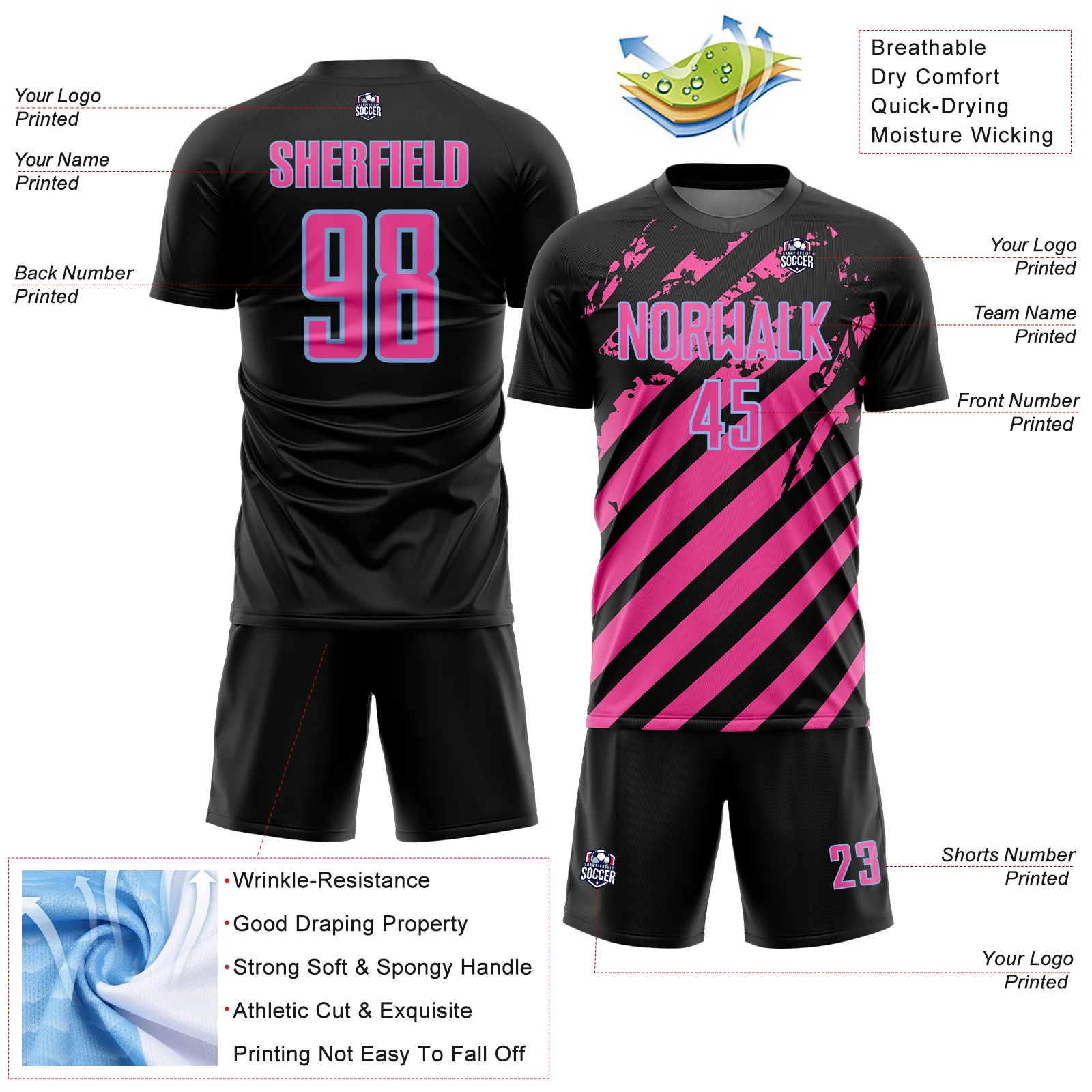 Custom Black Pink-Light Blue Distressed Diagonal Stripe Pattern Sports Sublimation Soccer Uniform Jersey - Image 4