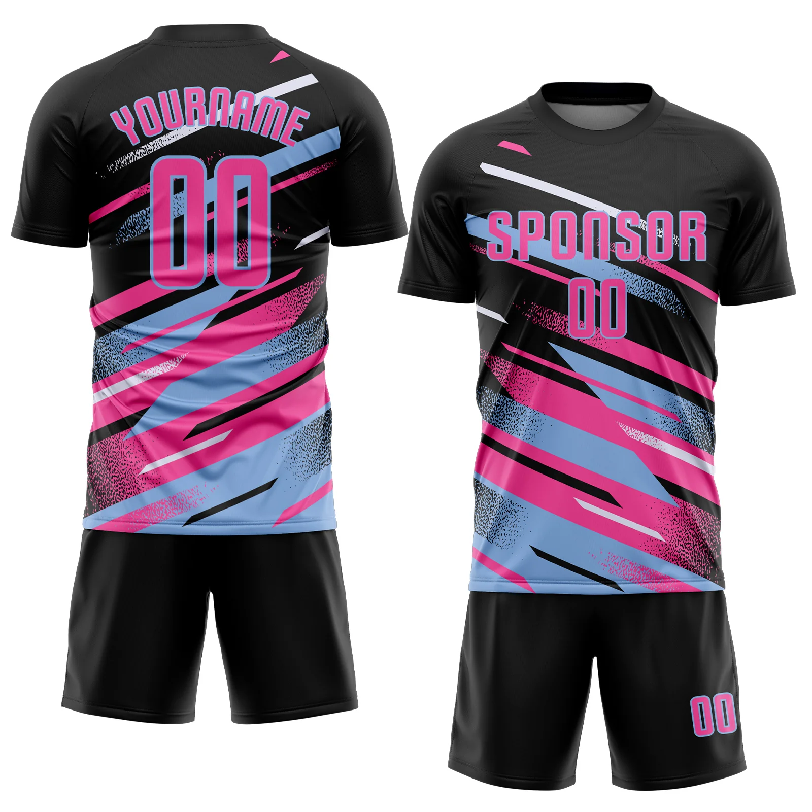 Custom Black Pink Light Blue-White Grunge Stripe And Grainy Sports Sublimation Soccer Uniform Jersey - Image 2