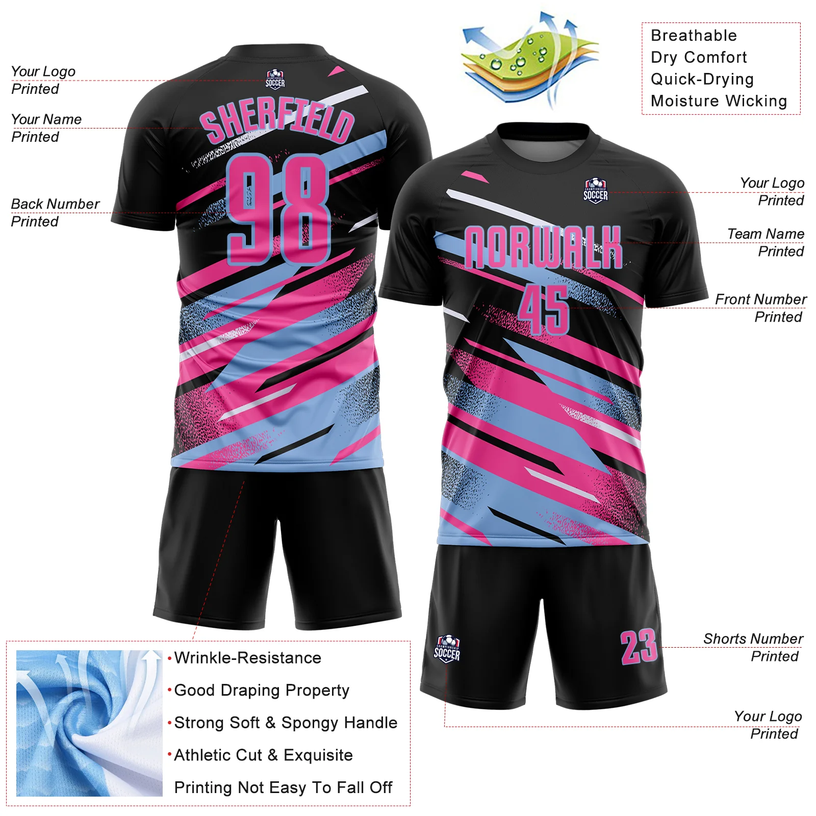 Custom Black Pink Light Blue-White Grunge Stripe And Grainy Sports Sublimation Soccer Uniform Jersey - Image 4