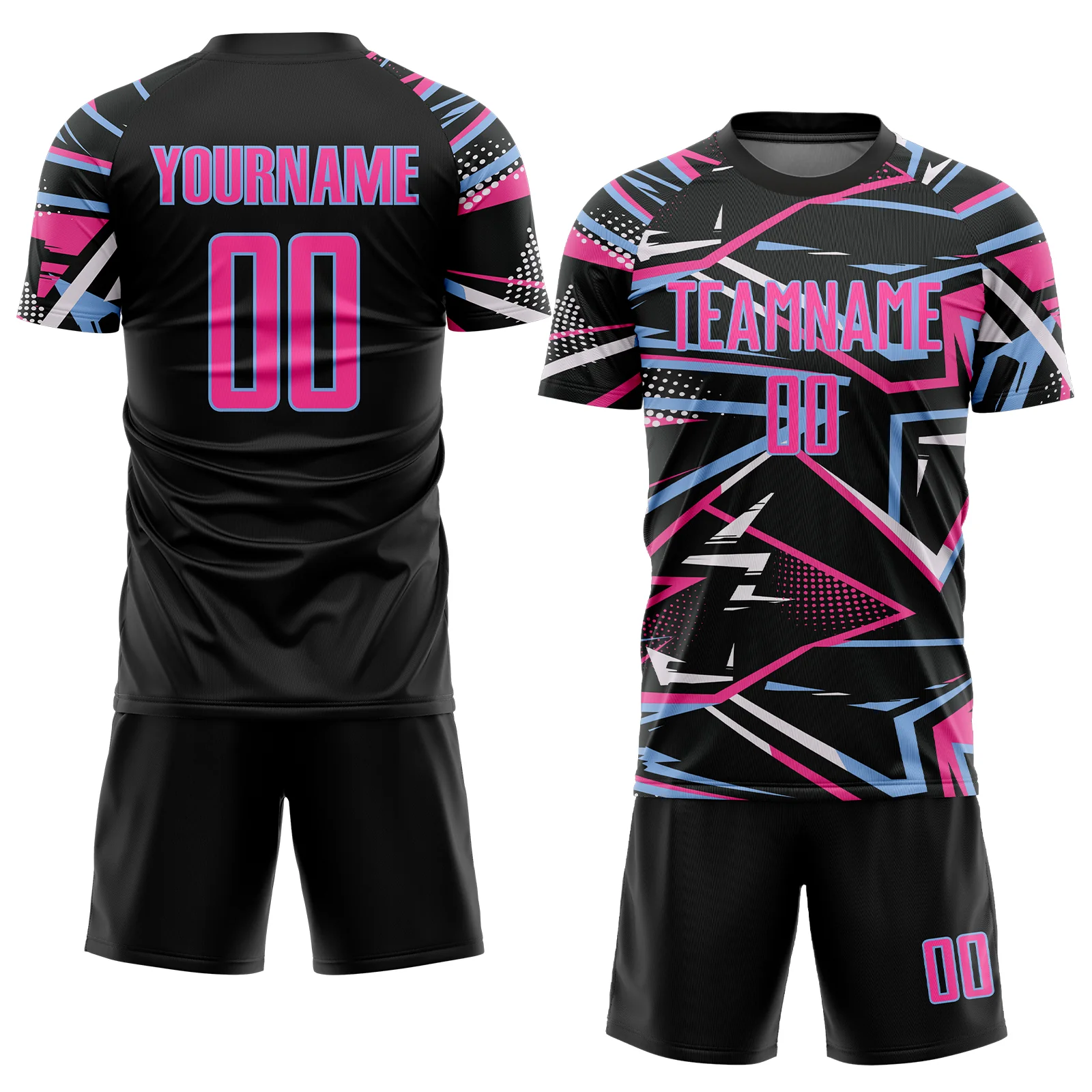 Custom Black Pink Light Blue-White Abstract Geometric Stripes Sports Sublimation Soccer Uniform Jersey - Image 2