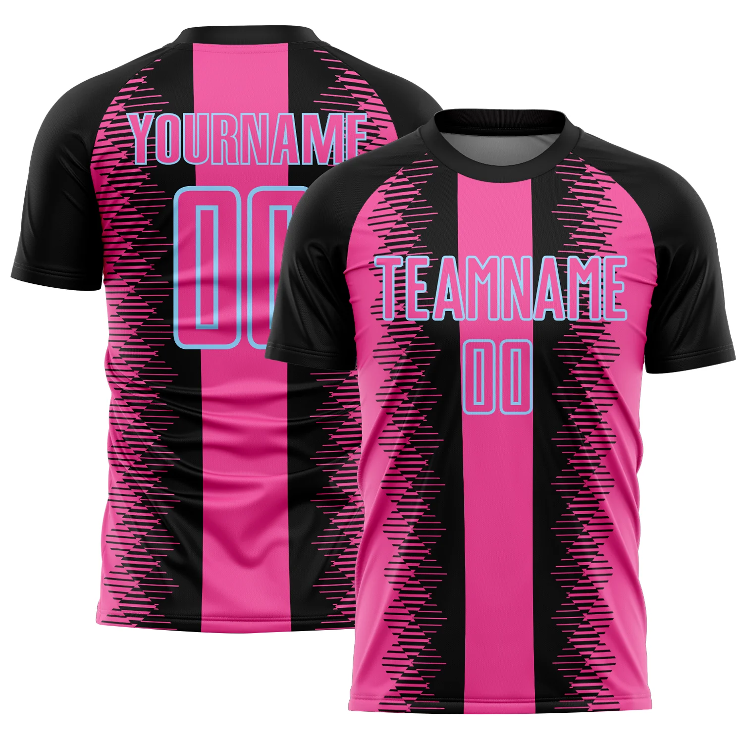 Custom Black Pink-Light Blue Zigzag Diamond Stripe Sports Sublimation Soccer Uniform Jersey