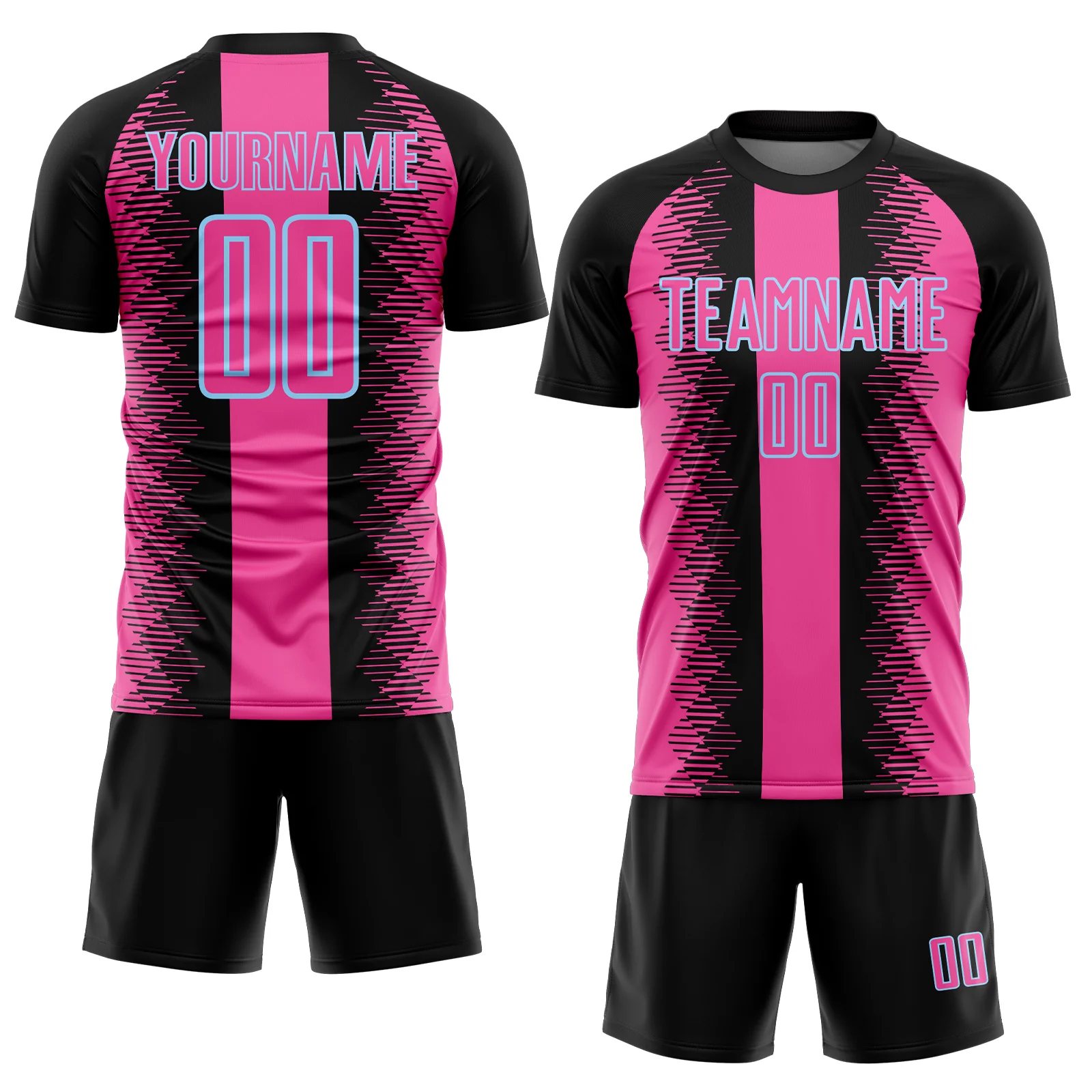 Custom Black Pink-Light Blue Zigzag Diamond Stripe Sports Sublimation Soccer Uniform Jersey - Image 2