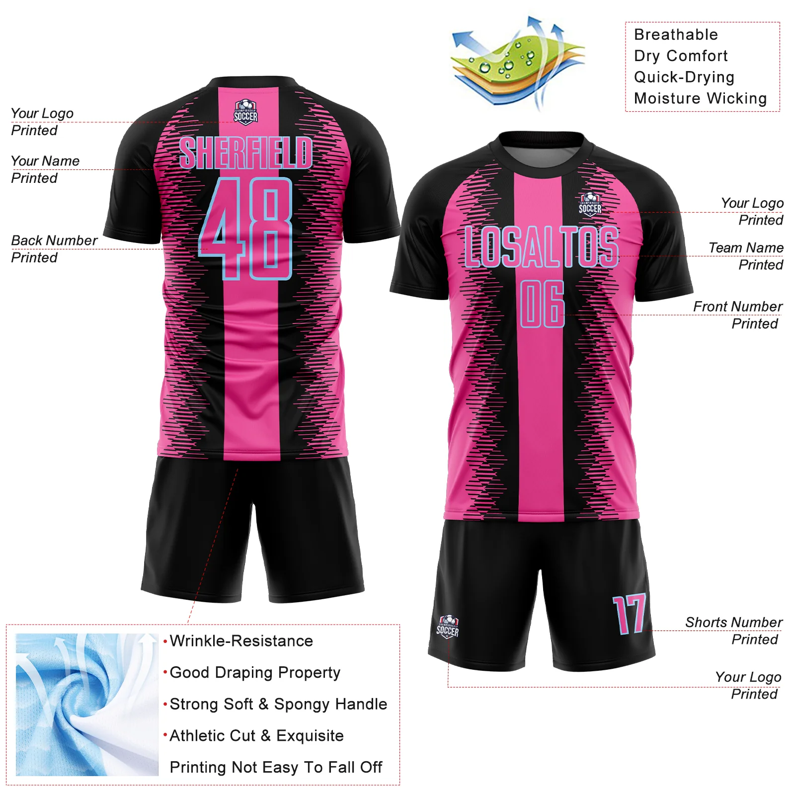 Custom Black Pink-Light Blue Zigzag Diamond Stripe Sports Sublimation Soccer Uniform Jersey - Image 4