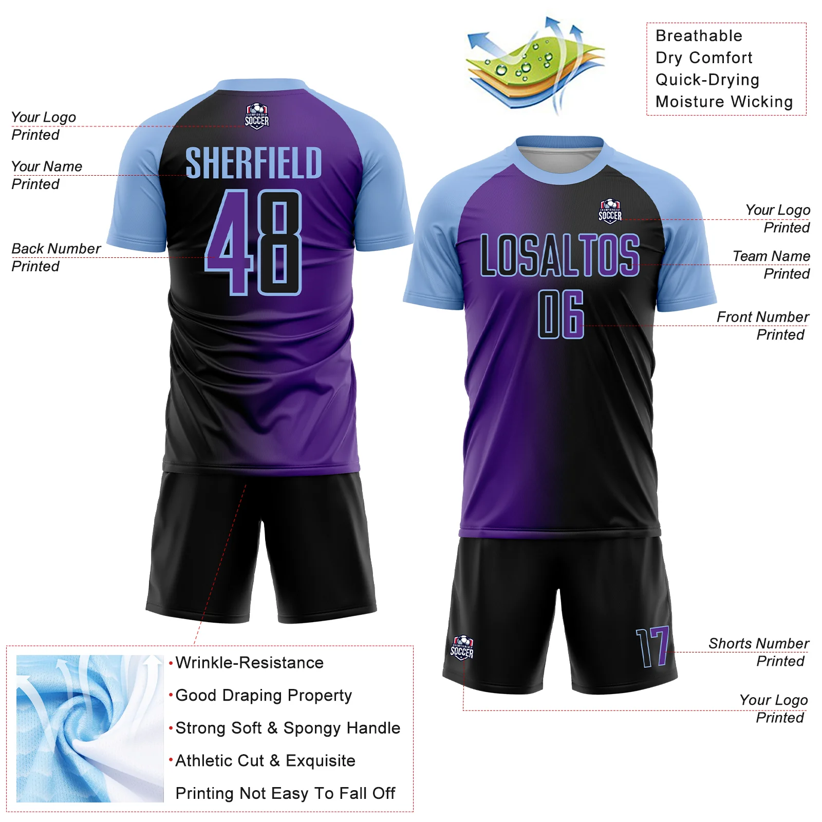 Custom Black Purple-Light Blue Sublimation Gradient Fashion Soccer Uniform Jersey - Image 4