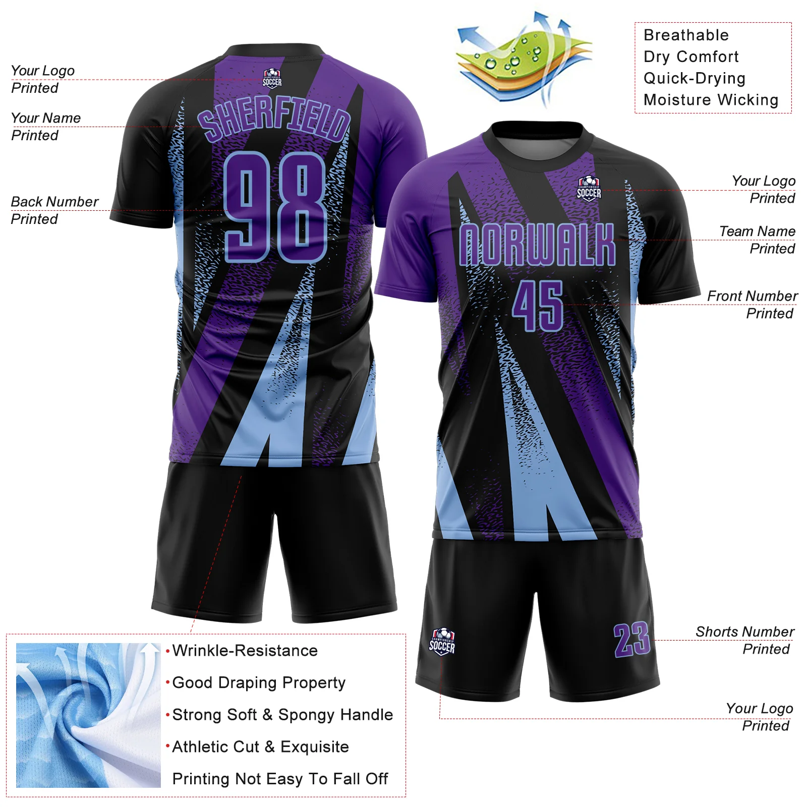 Custom Black Purple-Light Blue Radial Burst Sports Sublimation Soccer Uniform Jersey - Image 4