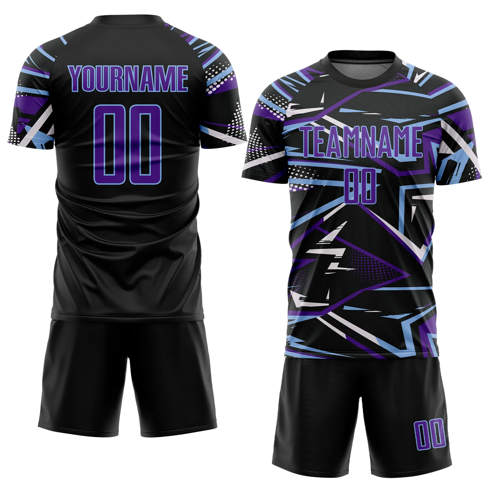 Custom Black Purple Light Blue-White Abstract Geometric Stripes Sports Sublimation Soccer Uniform Jersey - Image 2