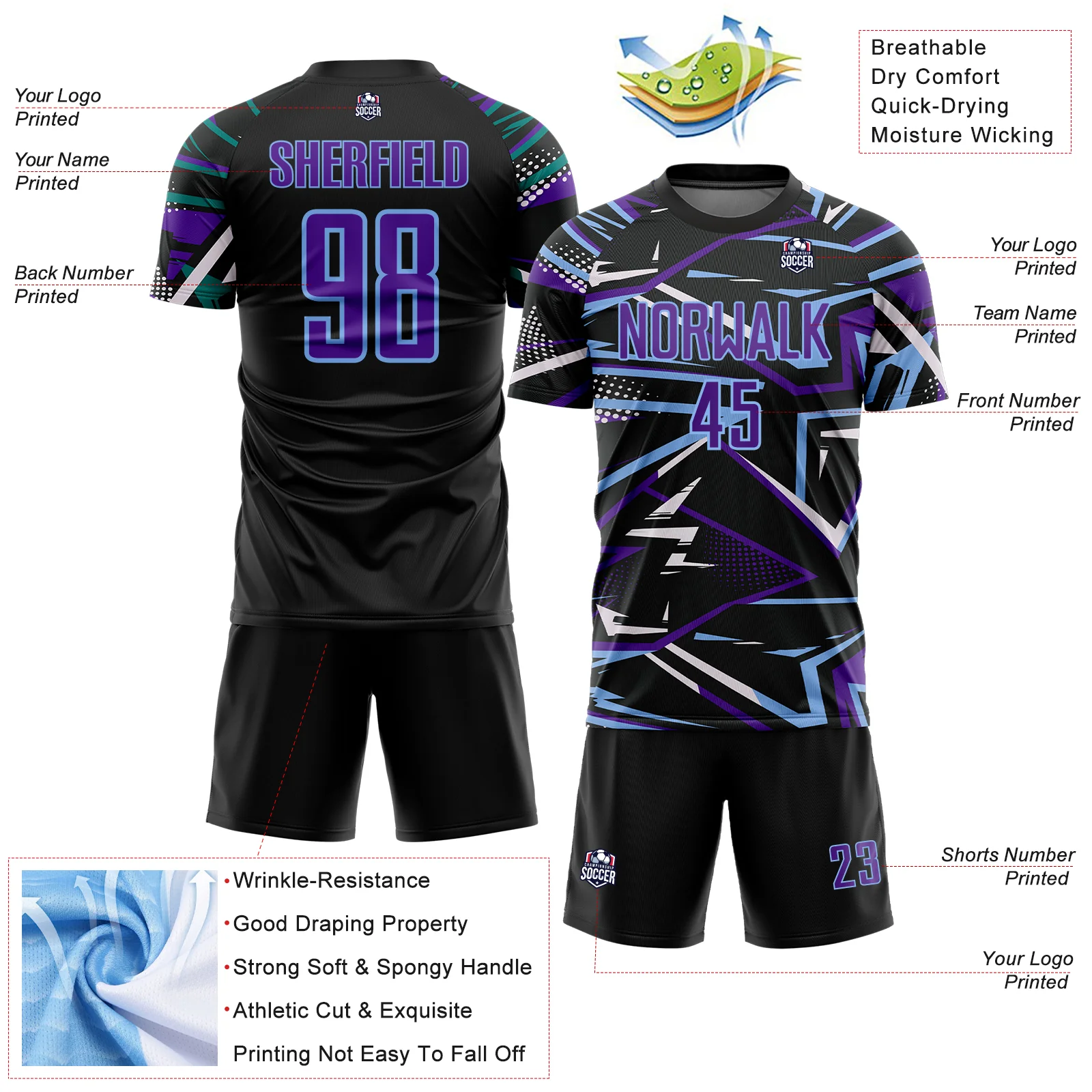 Custom Black Purple Light Blue-White Abstract Geometric Stripes Sports Sublimation Soccer Uniform Jersey - Image 4