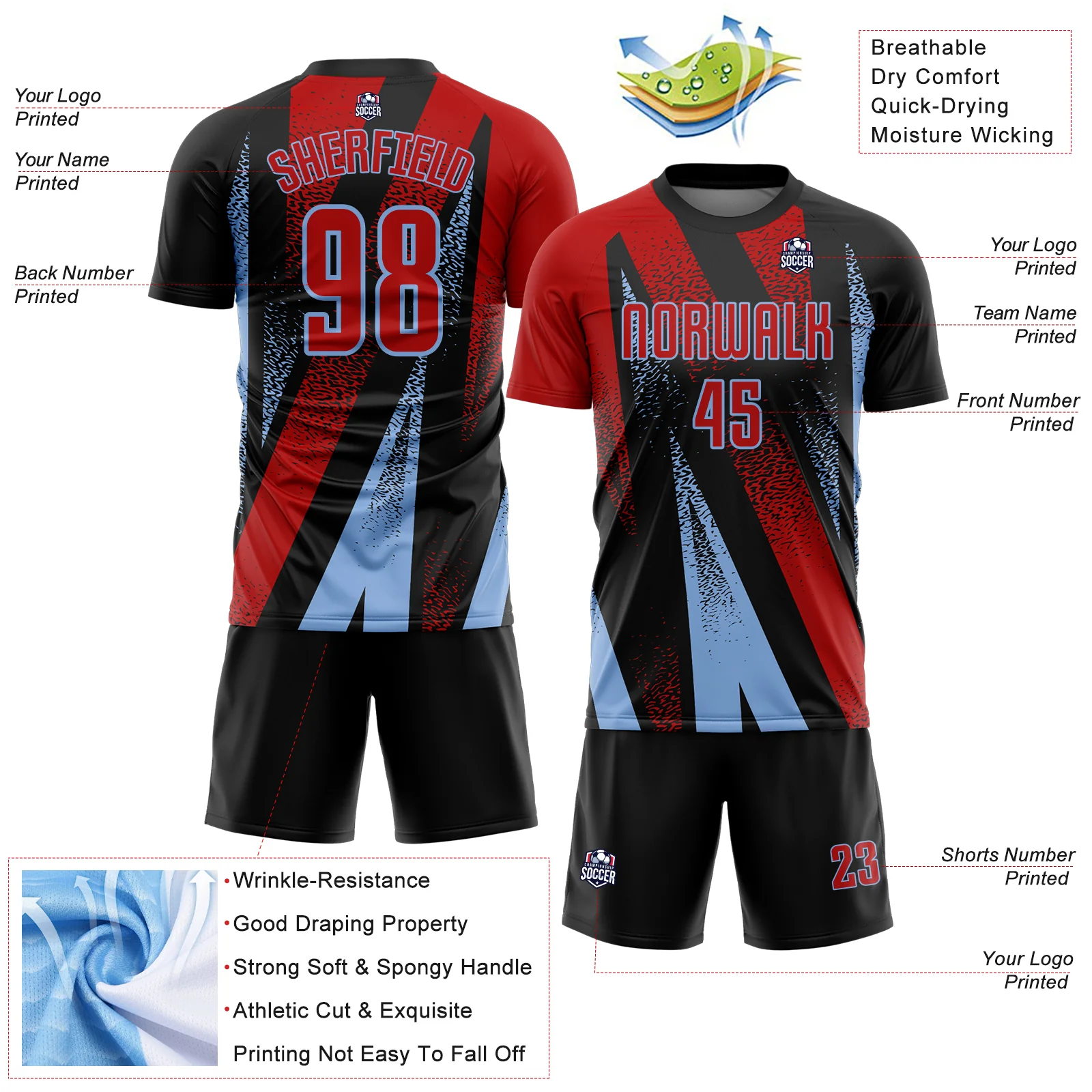 Custom Black Red-Light Blue Radial Burst Sports Sublimation Soccer Uniform Jersey - Image 4