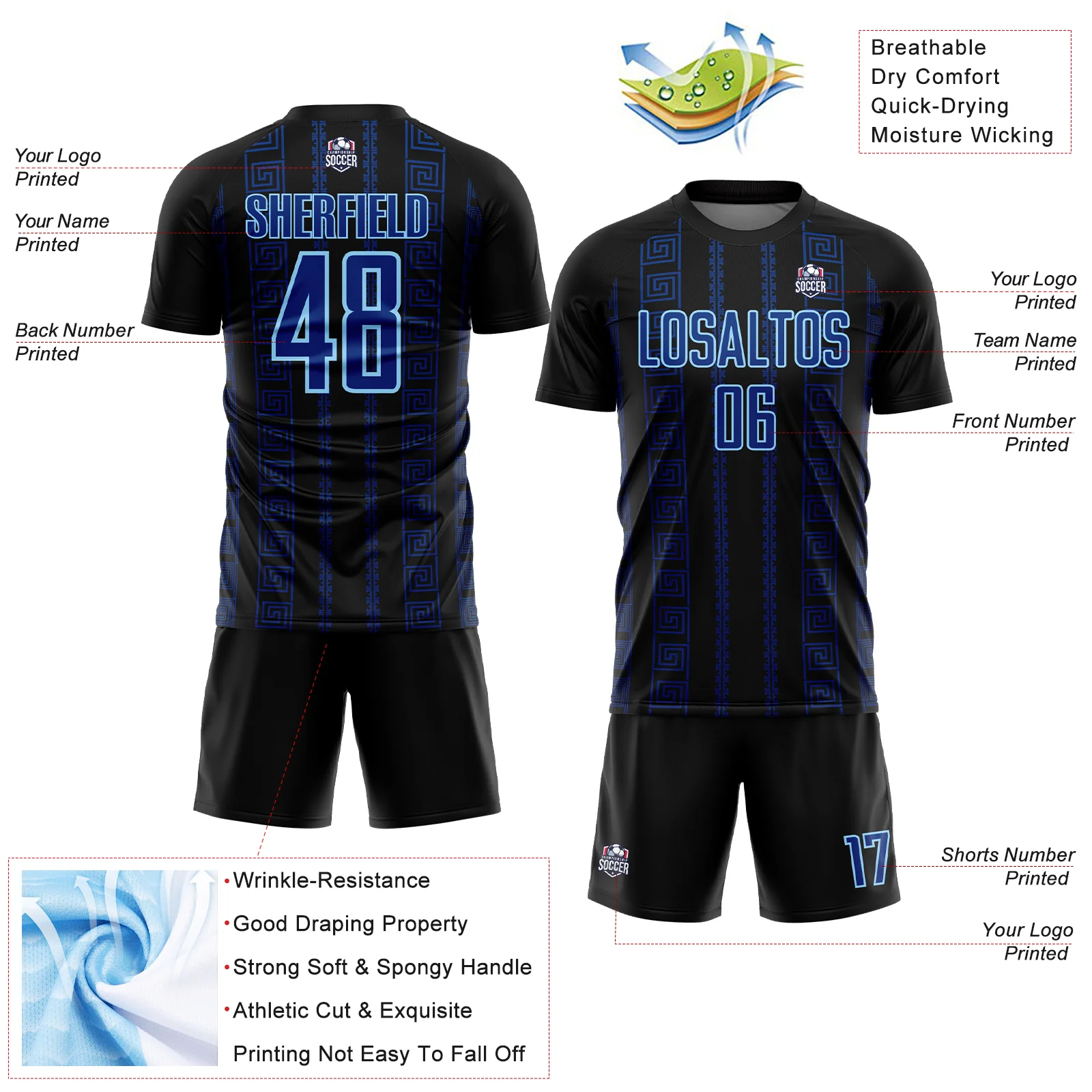 Custom Black Royal-Light Blue Geometric Shape Sublimation Soccer Uniform Jersey - Image 4
