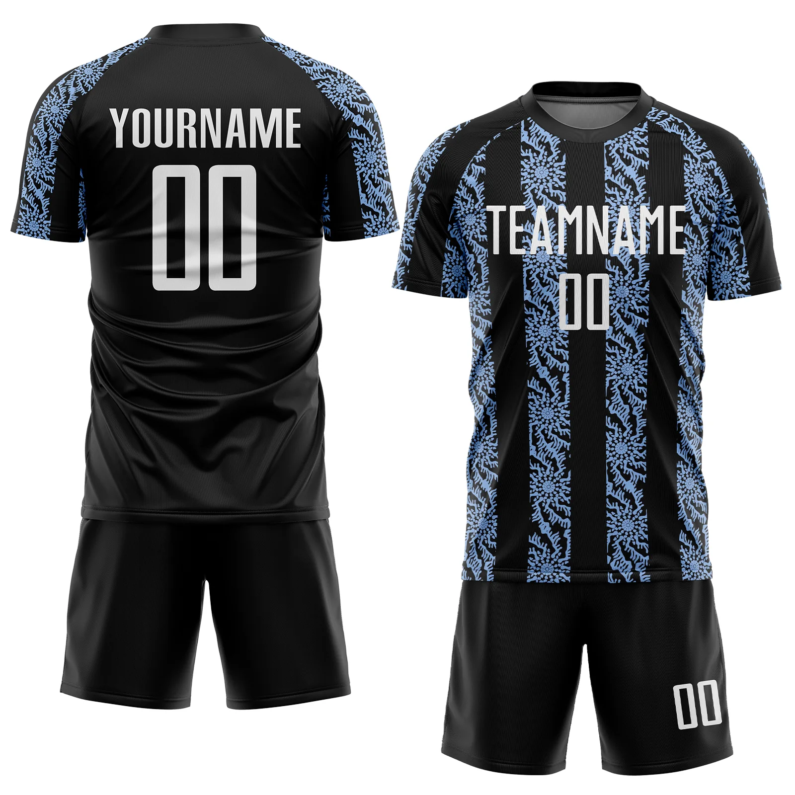 Custom Black White-Light Blue Abstract Shape Sublimation Soccer Uniform Jersey - Image 2