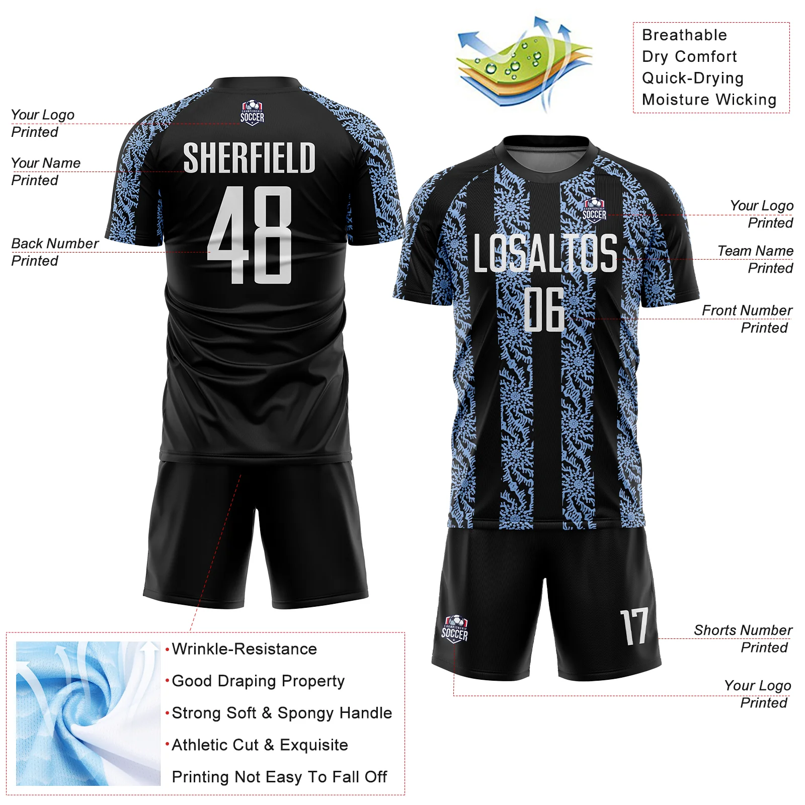 Custom Black White-Light Blue Abstract Shape Sublimation Soccer Uniform Jersey - Image 4