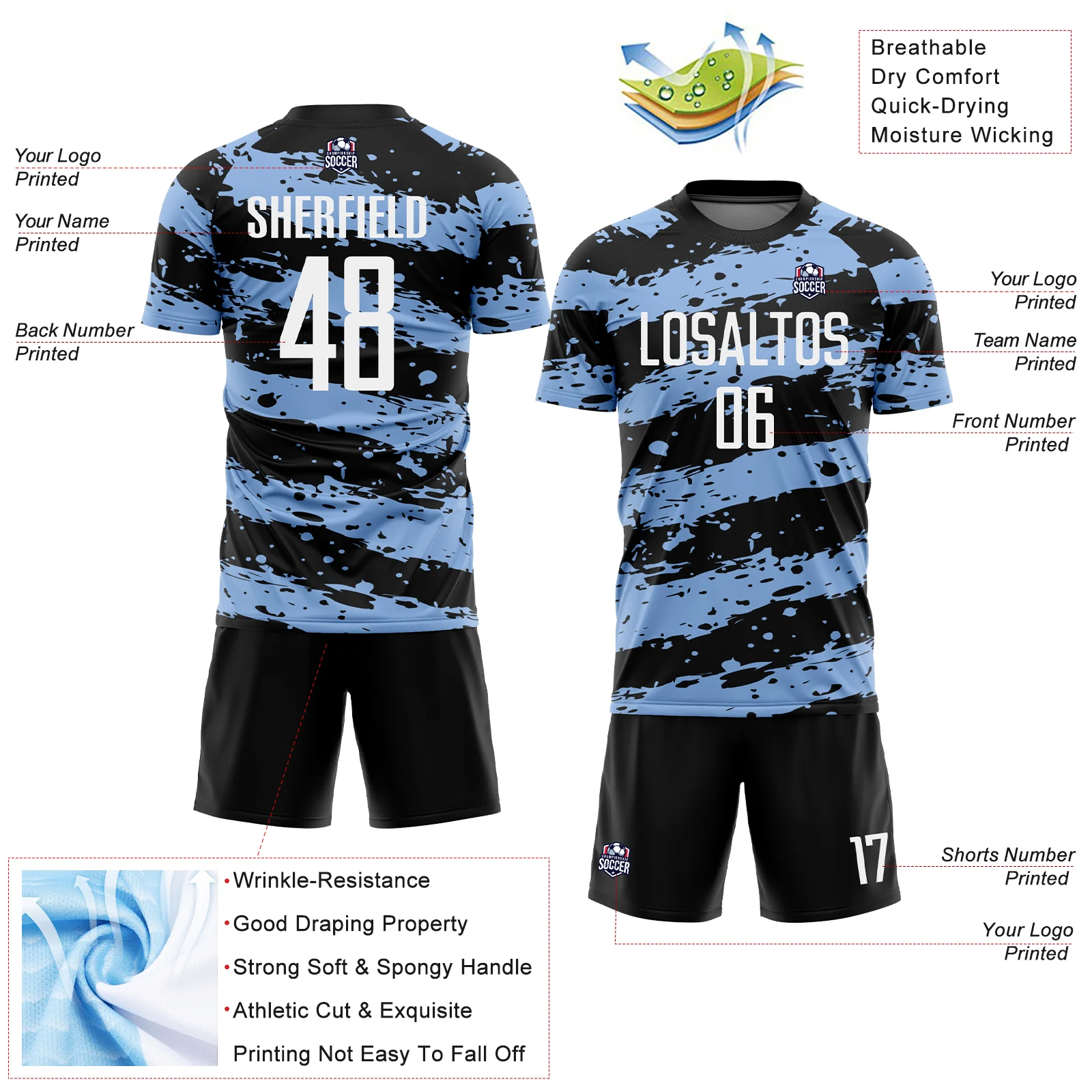 Custom Black White-Light Blue Splash Sublimation Soccer Uniform Jersey - Image 4