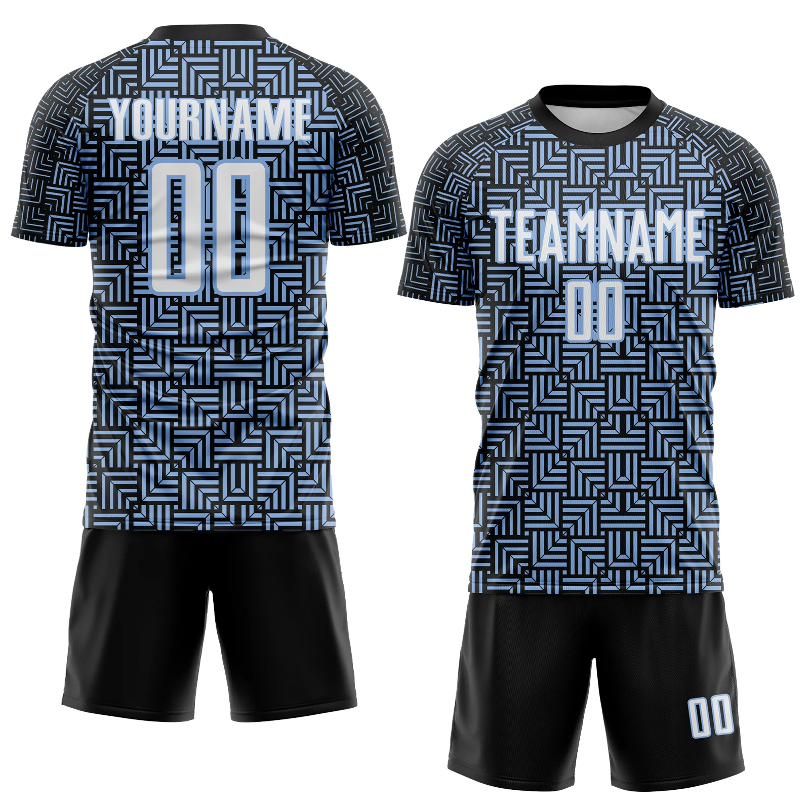 Custom Black White-Light Blue Geometric Maze Interlocking Square Sports Sublimation Soccer Uniform Jersey - Image 2