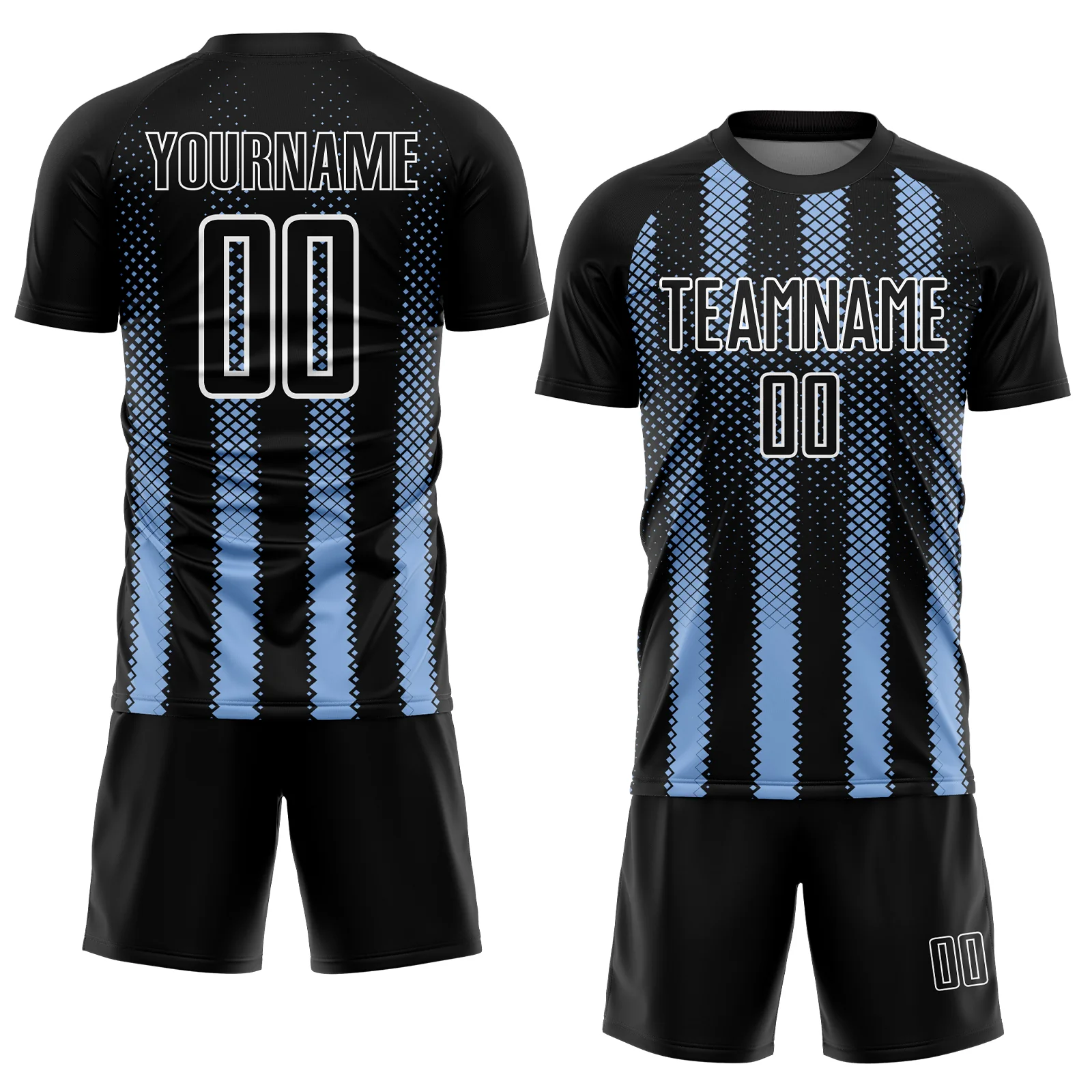 Custom Black Light Blue-White Geometric Shape Sublimation Soccer Uniform Jersey - Image 2