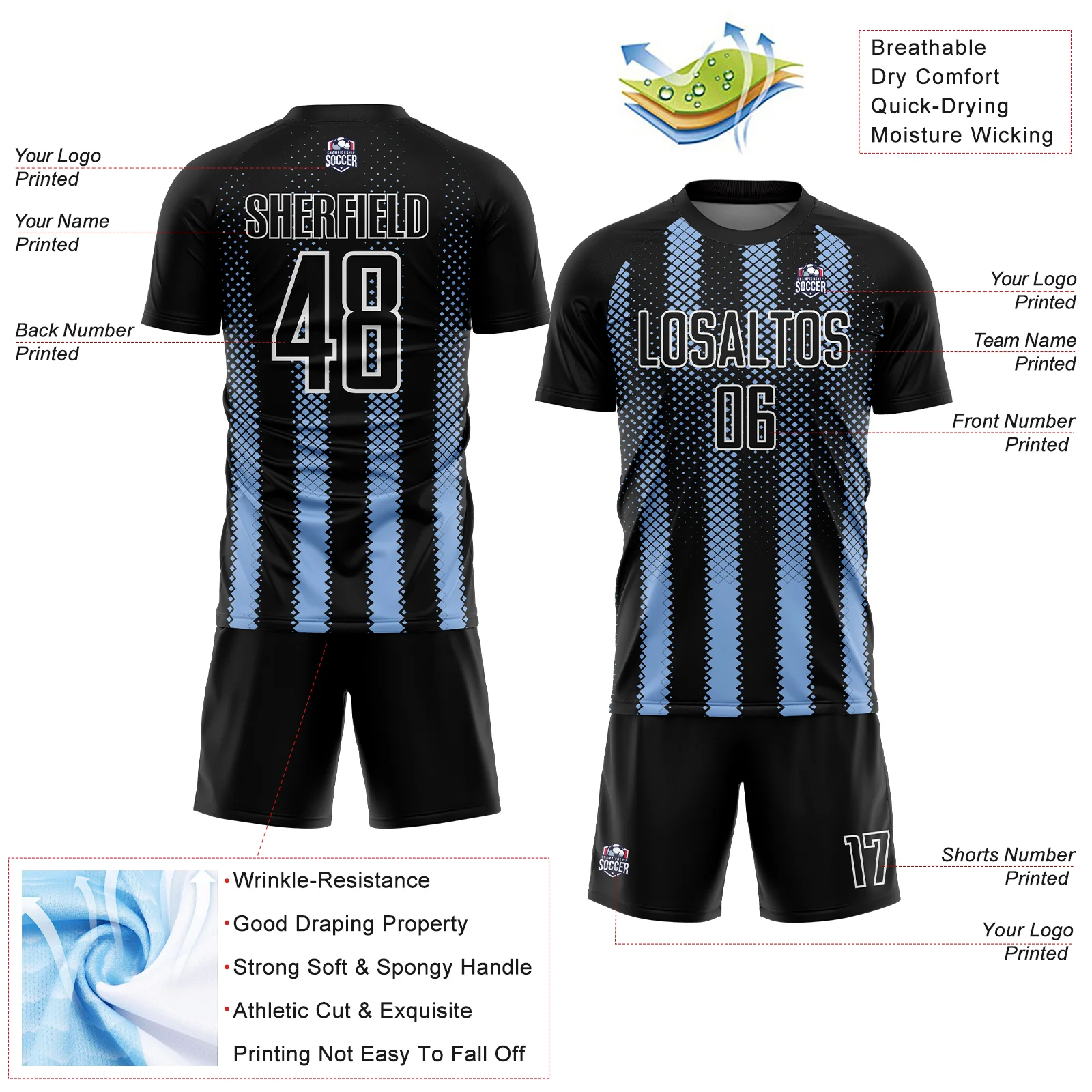 Custom Black Light Blue-White Geometric Shape Sublimation Soccer Uniform Jersey - Image 4