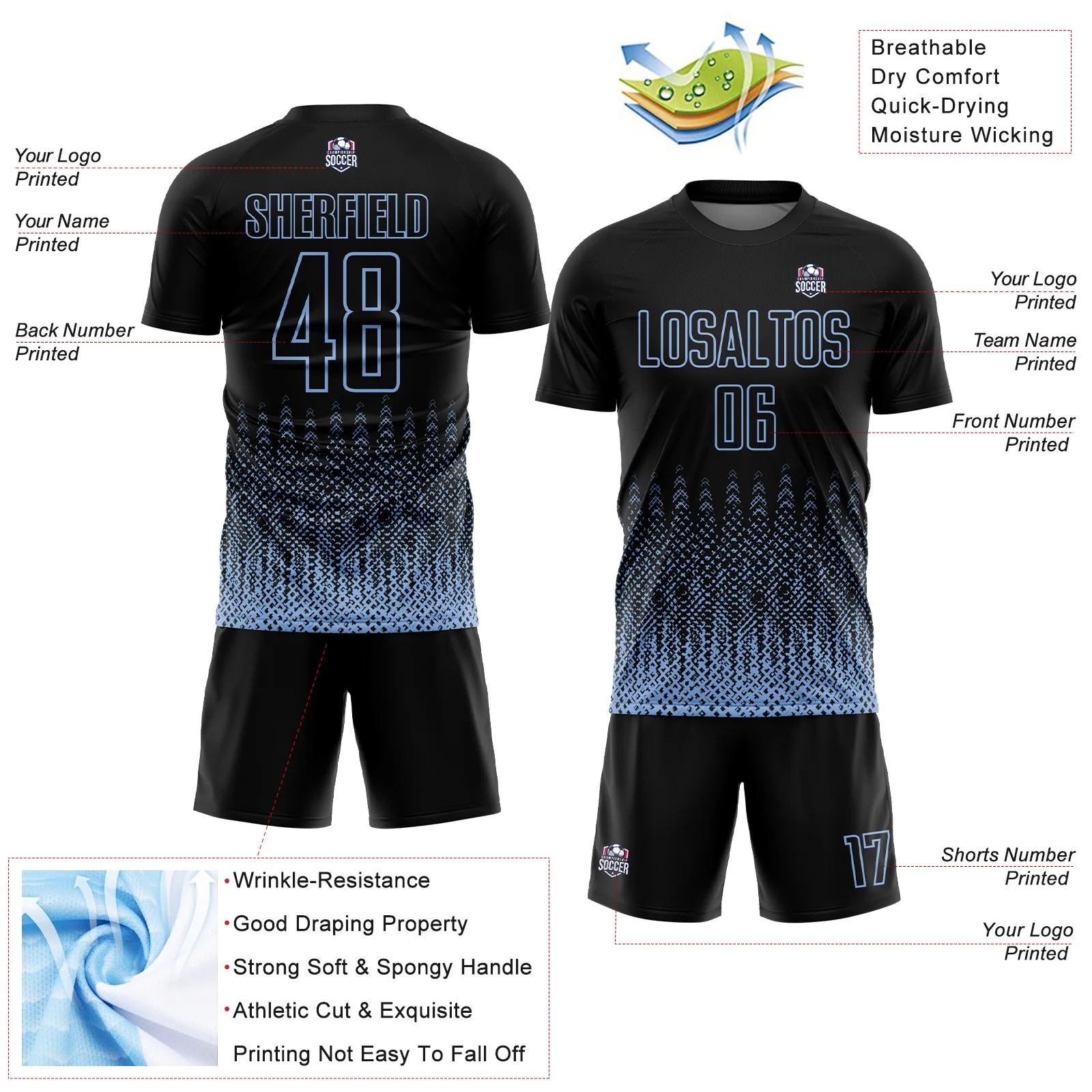 Custom Black Light Blue Geometric Shape Sublimation Soccer Uniform Jersey - Image 4