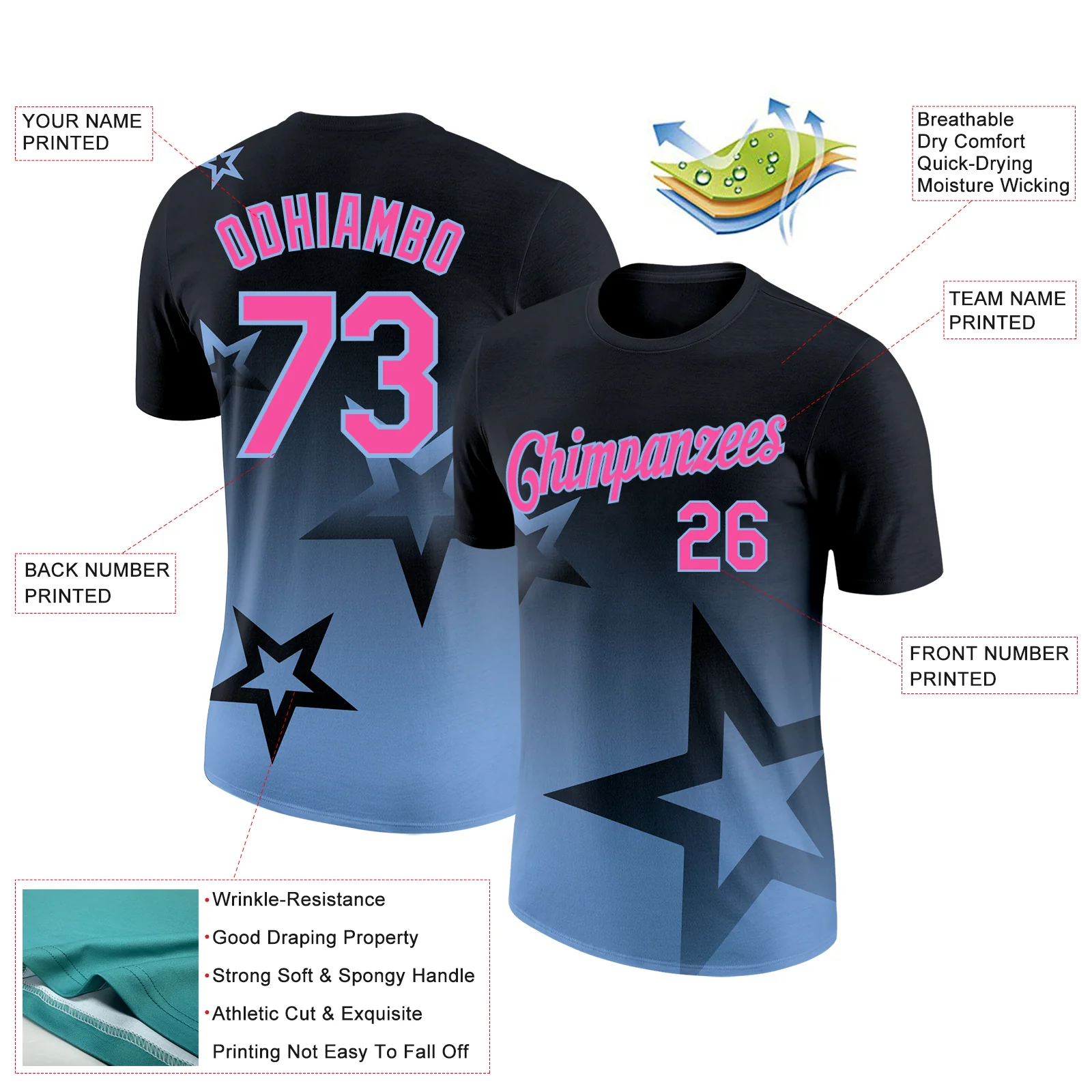 Custom Black Pink-Light Blue 3D Pattern Design Gradient Style Twinkle Star Performance T-Shirt - Image 2