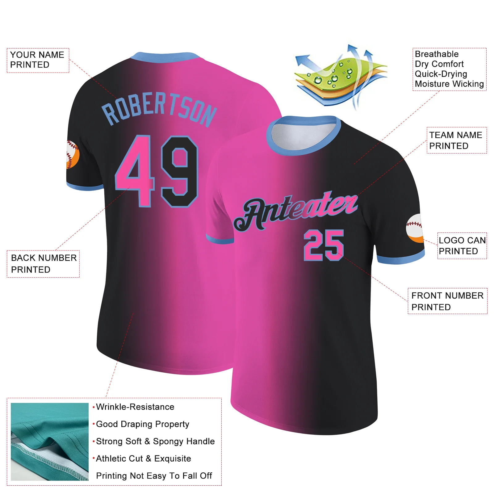 Custom Black Pink-Light Blue Gradient Fashion Performance T-Shirt - Image 2