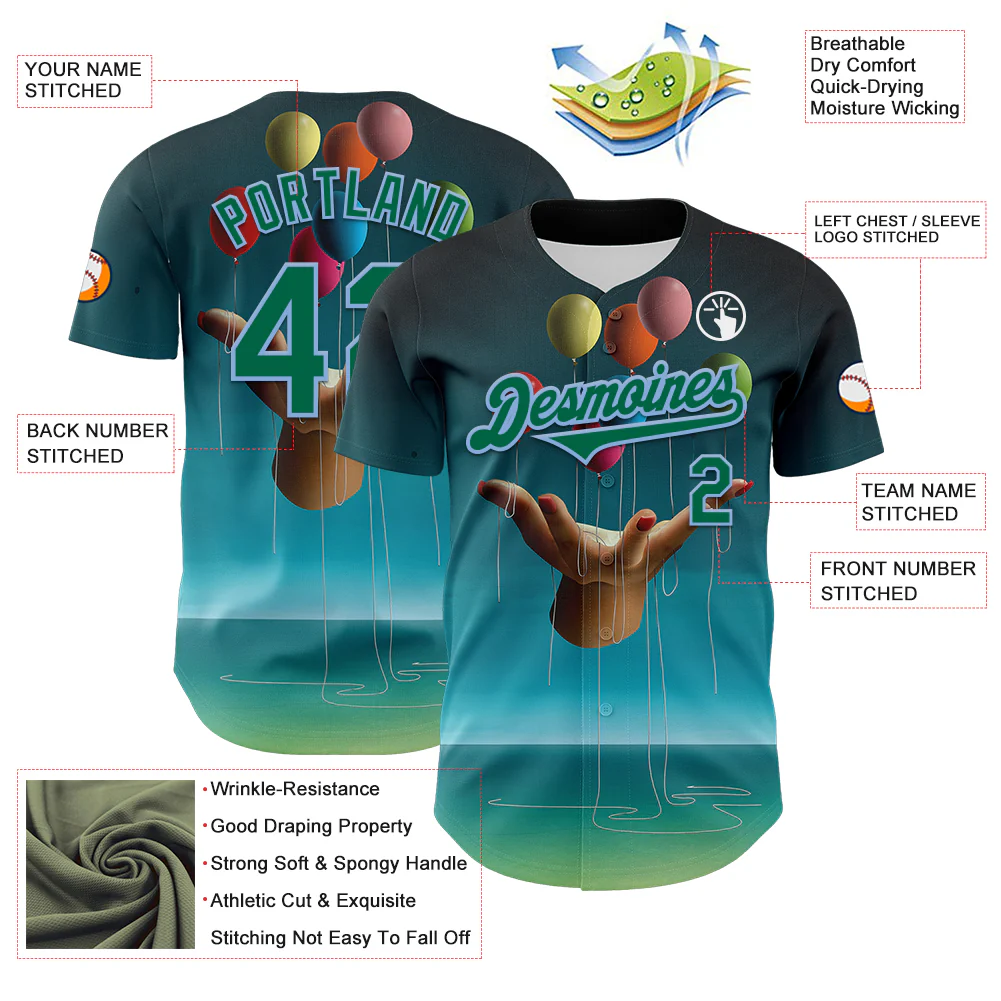 Custom Blue Kelly Green-Light Blue 3D Marcel Caram Allegory With Hand Authentic Baseball Jersey - Image 3