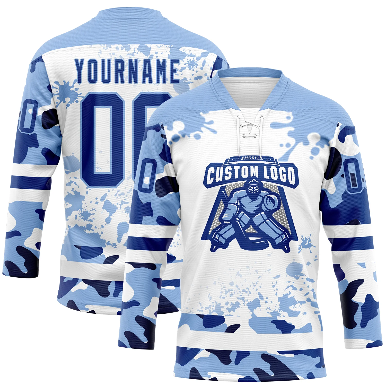 Custom Camo Royal Light Blue-White Splash Hockey Lace Neck Jersey - Image 2