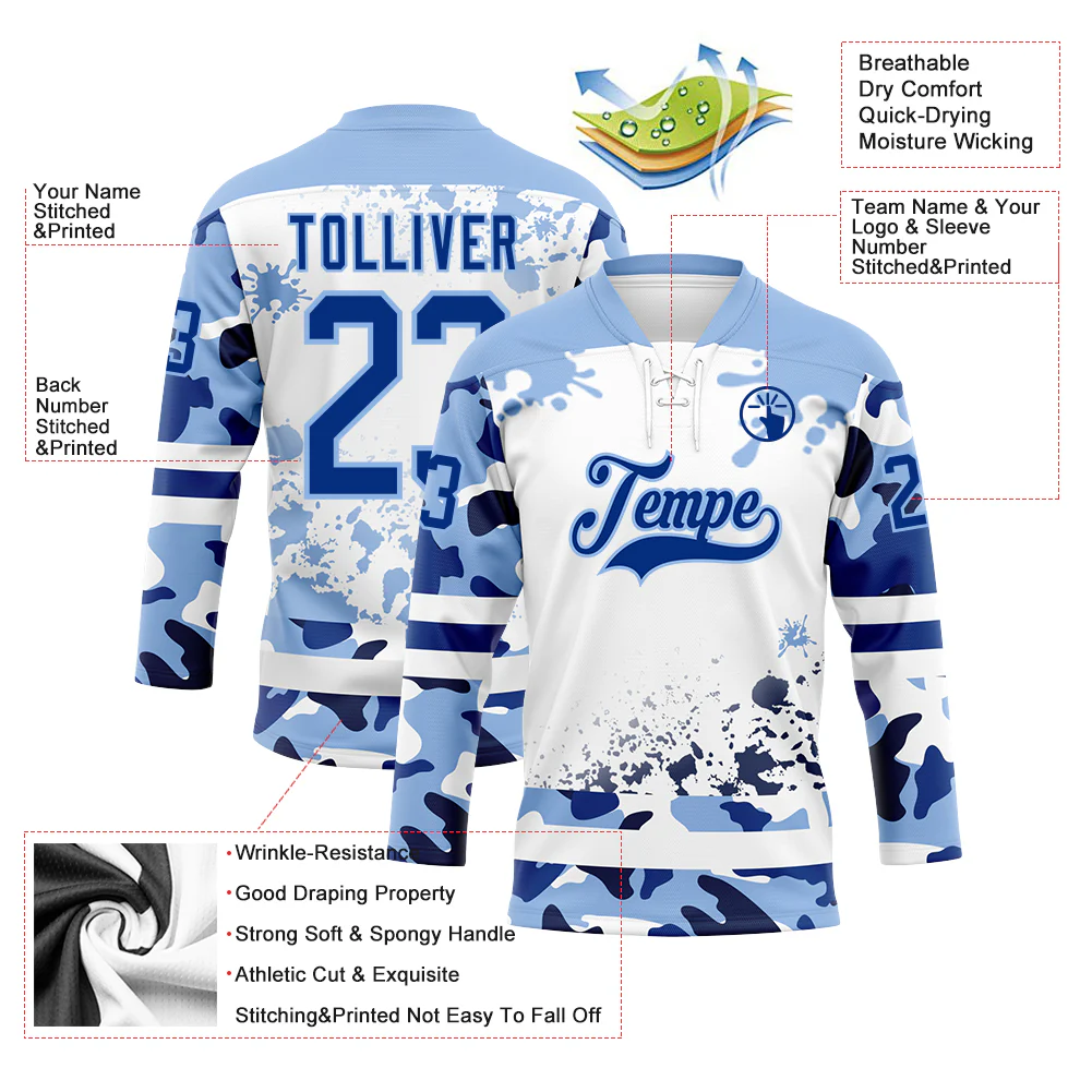 Custom Camo Royal Light Blue-White Splash Hockey Lace Neck Jersey - Image 3