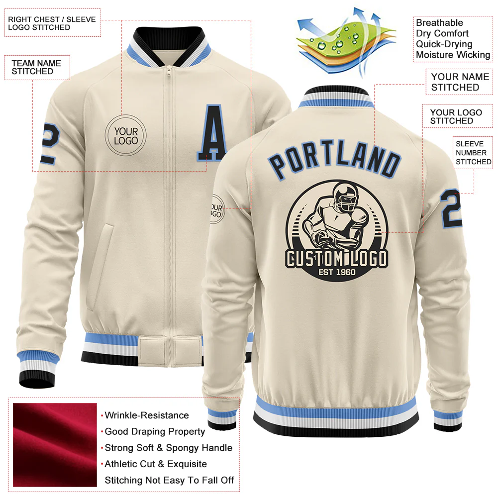 Custom Cream Black Light Blue-White Bomber Varsity Letterman Zipper Jacket - Image 4