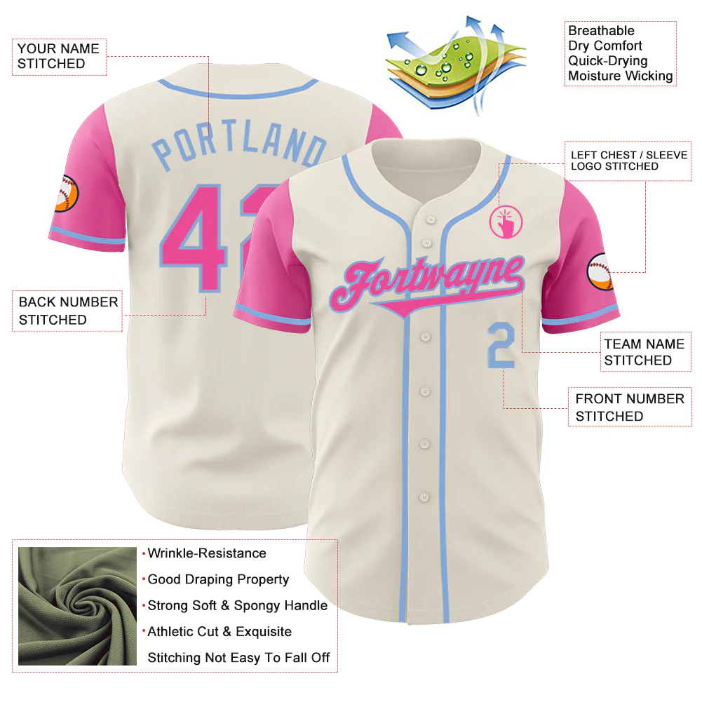 Custom Cream Pink-Light Blue Authentic Two Tone Baseball Jersey - Image 3