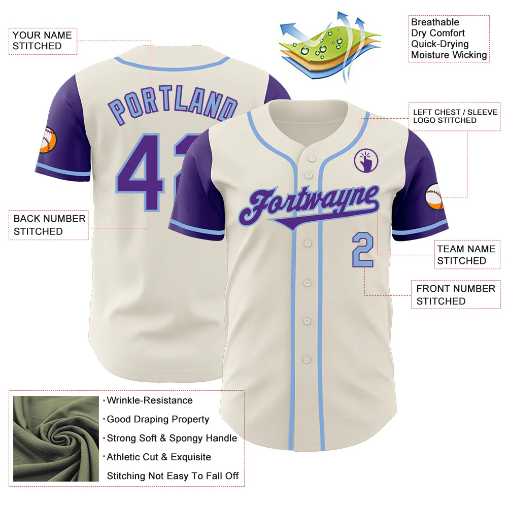 Custom Cream Purple-Light Blue Authentic Two Tone Baseball Jersey - Image 3