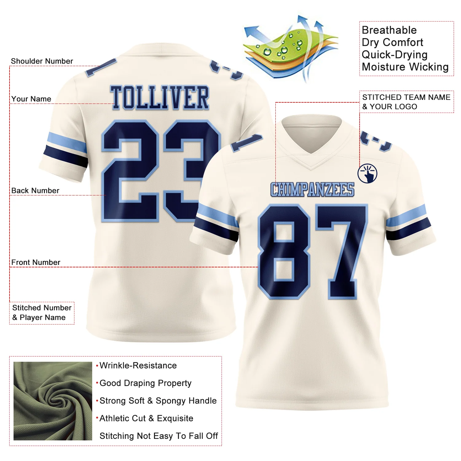 Custom Cream Navy-Light Blue Authentic Football Jersey - Image 3