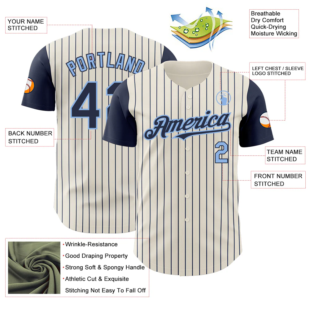 Custom Cream Navy Pinstripe Light Blue Authentic Two Tone Baseball Jersey - Image 3