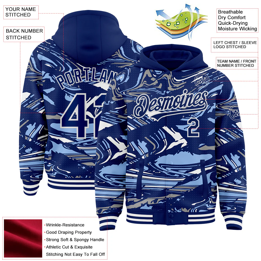 Custom Figure Royal Light Blue-White Fluid Pattern Bomber Full-Snap Varsity Letterman Hoodie Jacket - Image 4