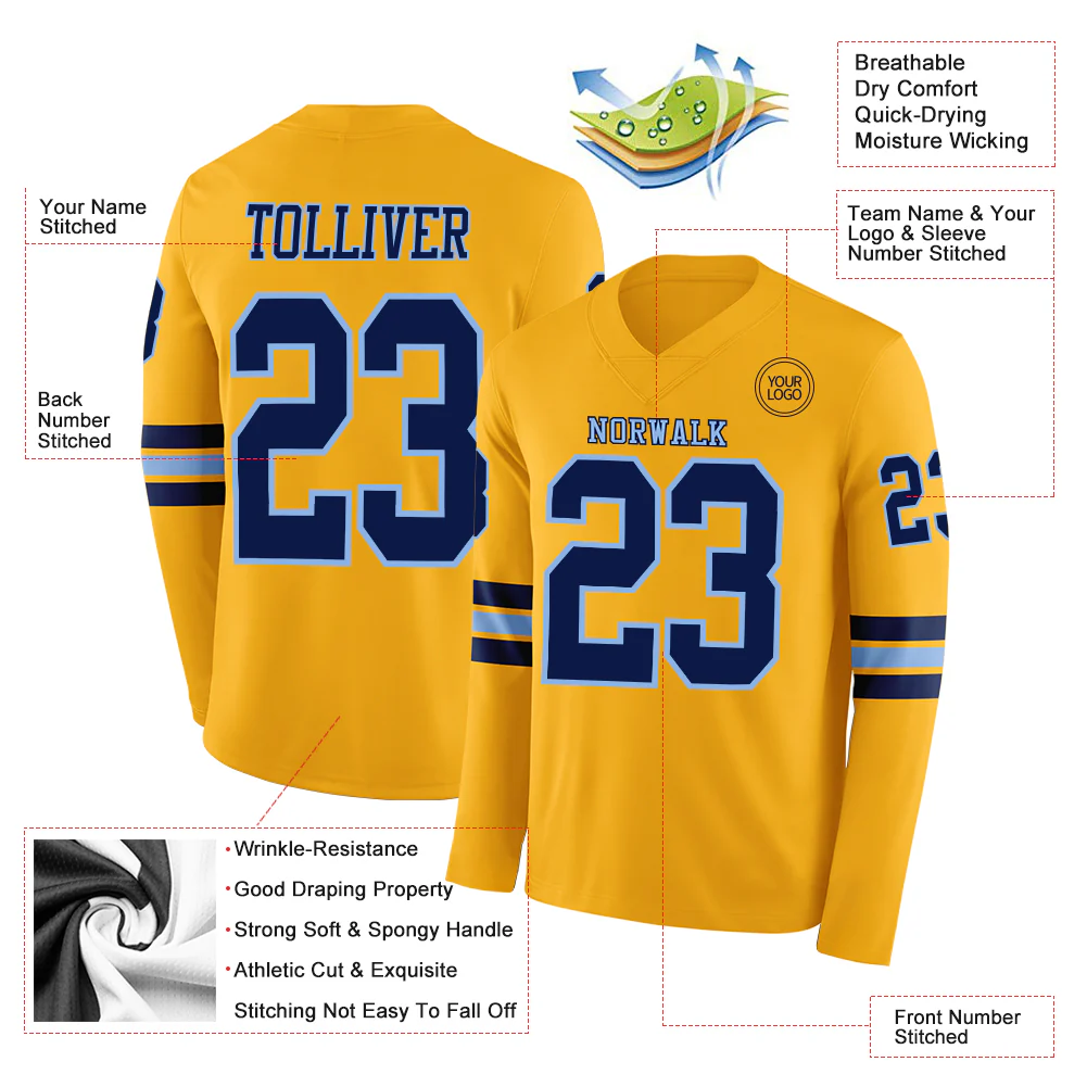 Custom Gold Navy-Light Blue Long Sleeve Authentic Football Jersey - Image 2