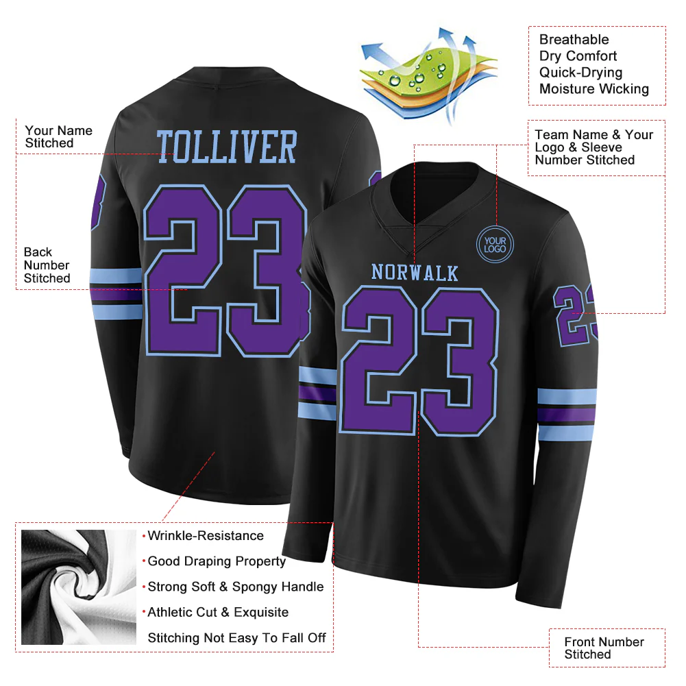 Custom Black Purple-Light Blue Long Sleeve Authentic Football Jersey - Image 2