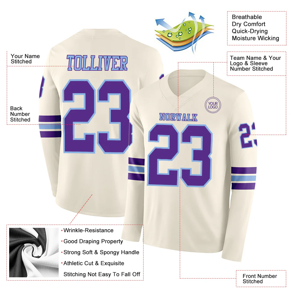 Custom Cream Purple-Light Blue Long Sleeve Authentic Football Jersey - Image 2